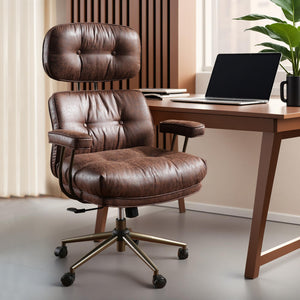 Ergonomic Office Chair, High Back Faux Leather Executive Chairs with Thick Cushion, Comfy Mid-Century Modern Swivel Rolling Computer Armchair (Dark Brown, Suede Leather)