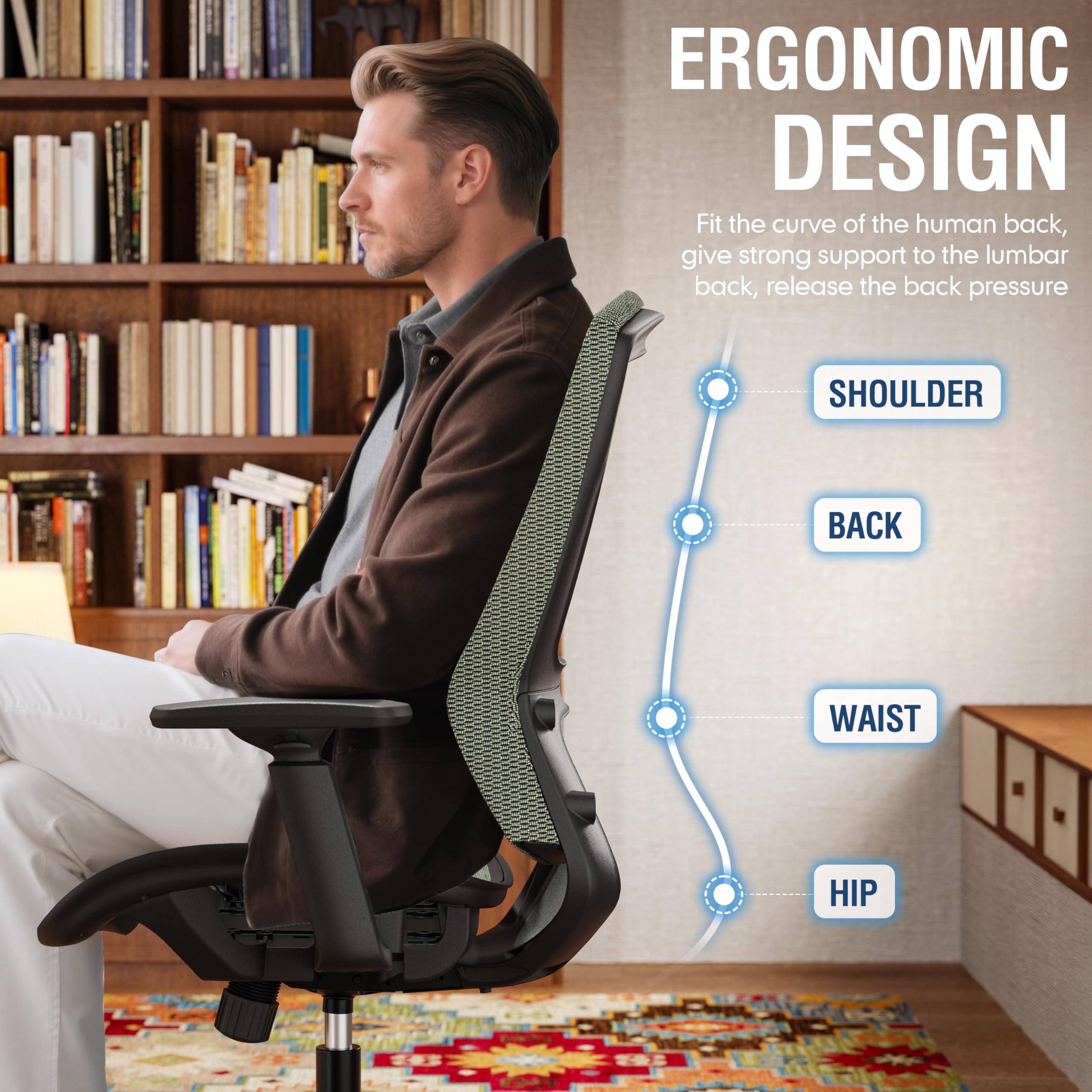 Mesh Office Chair,Ergonomic Computer Desk Chair,Sturdy Task Chair- Adjustable Lumbar Support & Armrests,Tilt Function,Comfort Wide Seat,Swivel Home Office Chair