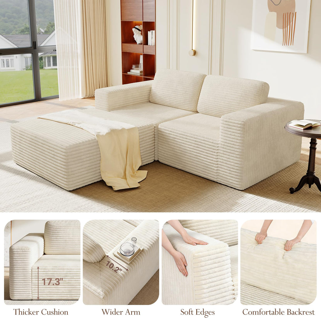 80" Modular Sectional Sofa, Corduroy Cloud Couch with Deep Seats & Spring Support, Compact 2 Seater Boneless Couch, L-Shaped Modular Sofa for Small Spaces, Apartments, No Assembly, Beige