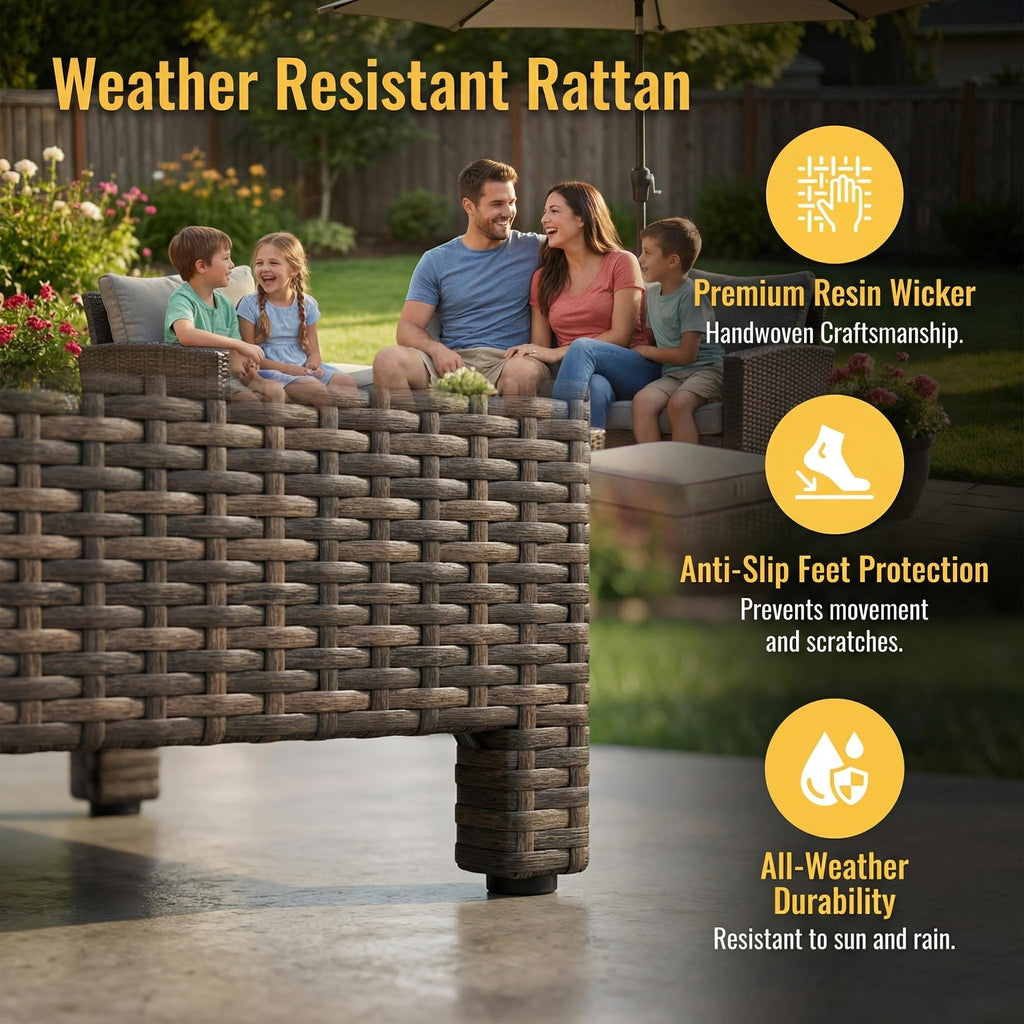 7 Piece Patio Furniture Set, High Curved Back Wicker Patio Sectional, All Weather Outdoor Dining Set, Outdoor Furniture Patio Conversation Set with Ottoman, Blue