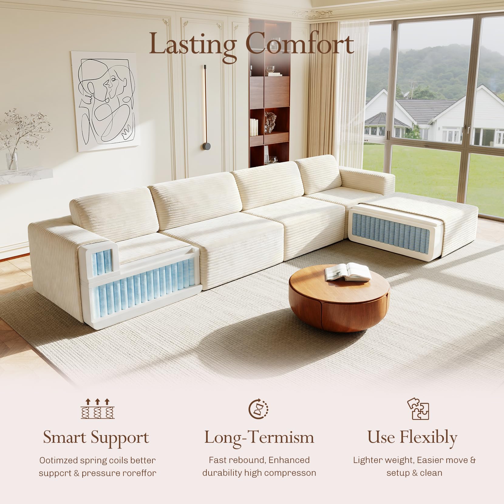 159" Large Modular Sectional Sofa, L-Shaped Corduroy Cloud Couch with Deep Seats & Spring Support, 4-Seater Boneless Sofa with Movable Ottoman, No Assembly Needed, Beige