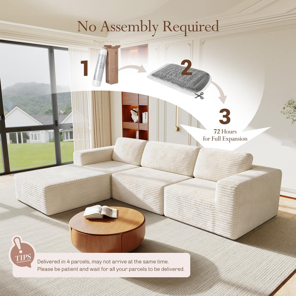 119" L-Shaped Modular Sectional Sofa, Corduroy Cloud Couch with Deep Seating & Spring Support, Flexible Layout Sofa with Ottoman, Boneless Style, No Assembly Required, Beige