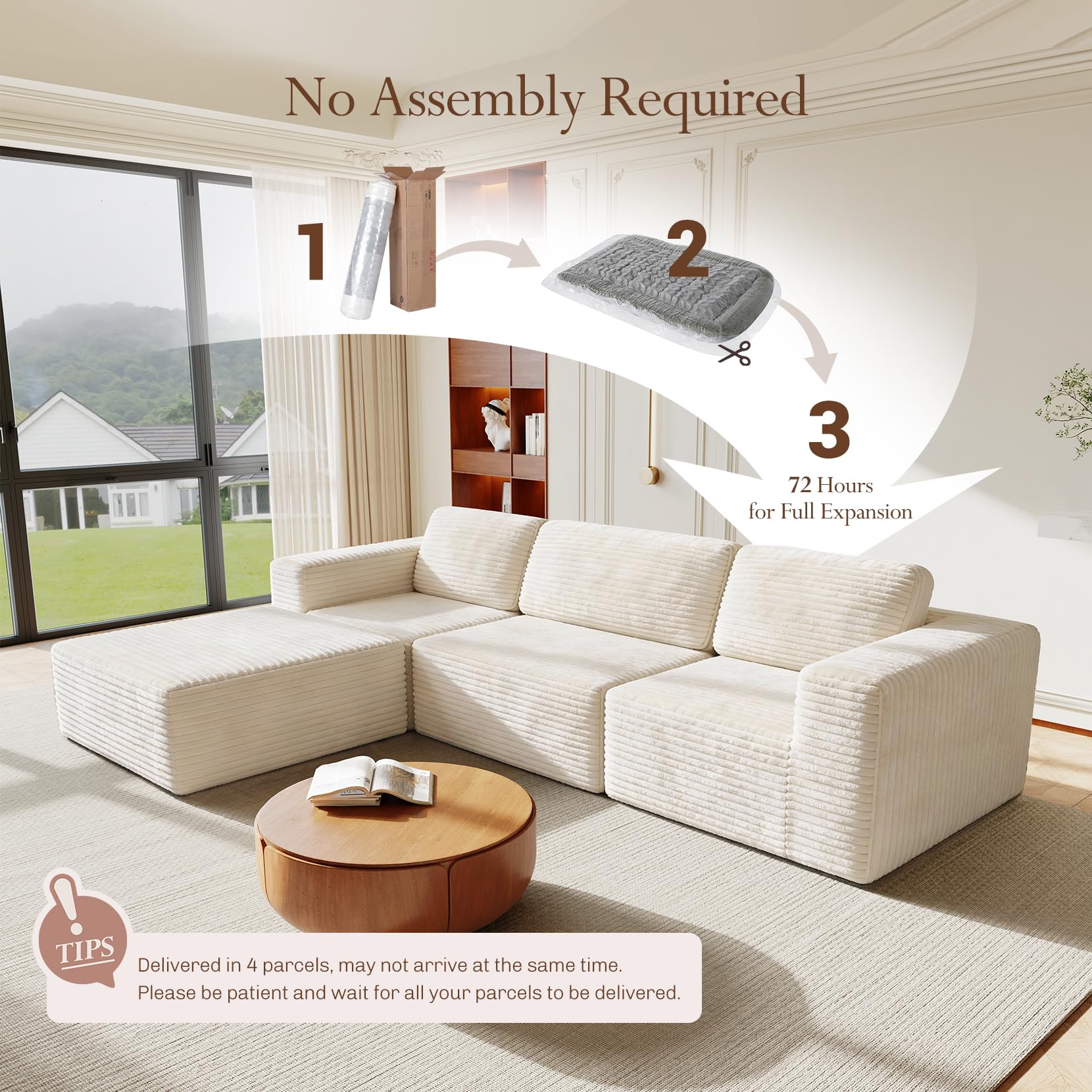 119" L-Shaped Modular Sectional Sofa, Corduroy Cloud Couch with Deep Seating & Spring Support, Flexible Layout Sofa with Ottoman, Boneless Style, No Assembly Required, Beige