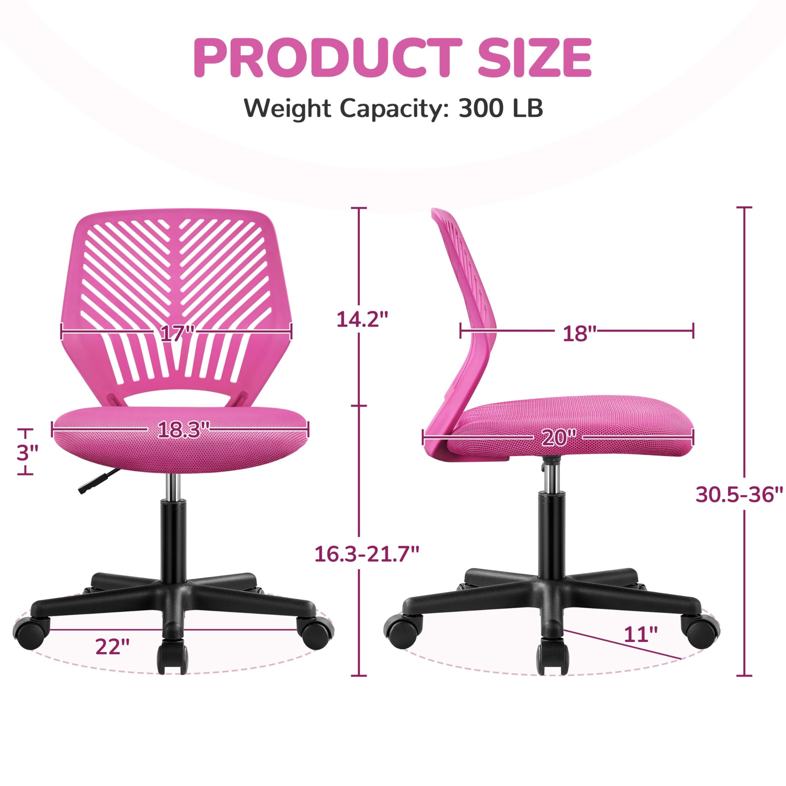 Students Cute Desk Chair Low-Back Armless Study Chair w/Lumbar Support Adjustable Swivel Chair in Home Bedroom School, Rose Red