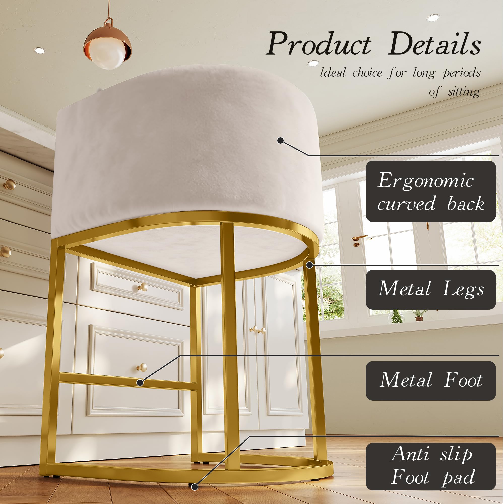 26" Modern Counter Height Bar Stools,Velvet Fabric Upholstered Barrel Barstools with Backs,Island Chairs bar stools Set of 1,Metal Gold Frames,Beige White Velvet