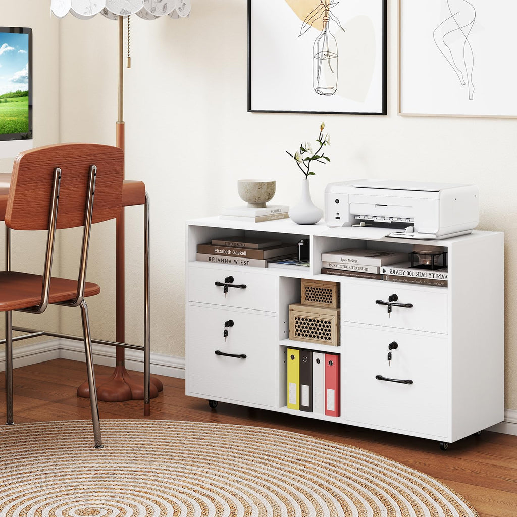 4-Drawer Lateral File Cabinet with Lock, Adjustable Shelf, Open Components, 5 Rolling Wheels (2 Lockable), Fits Files A4/Letter Size, Mobile Filing Storage Organizer, Printer Stand (White)