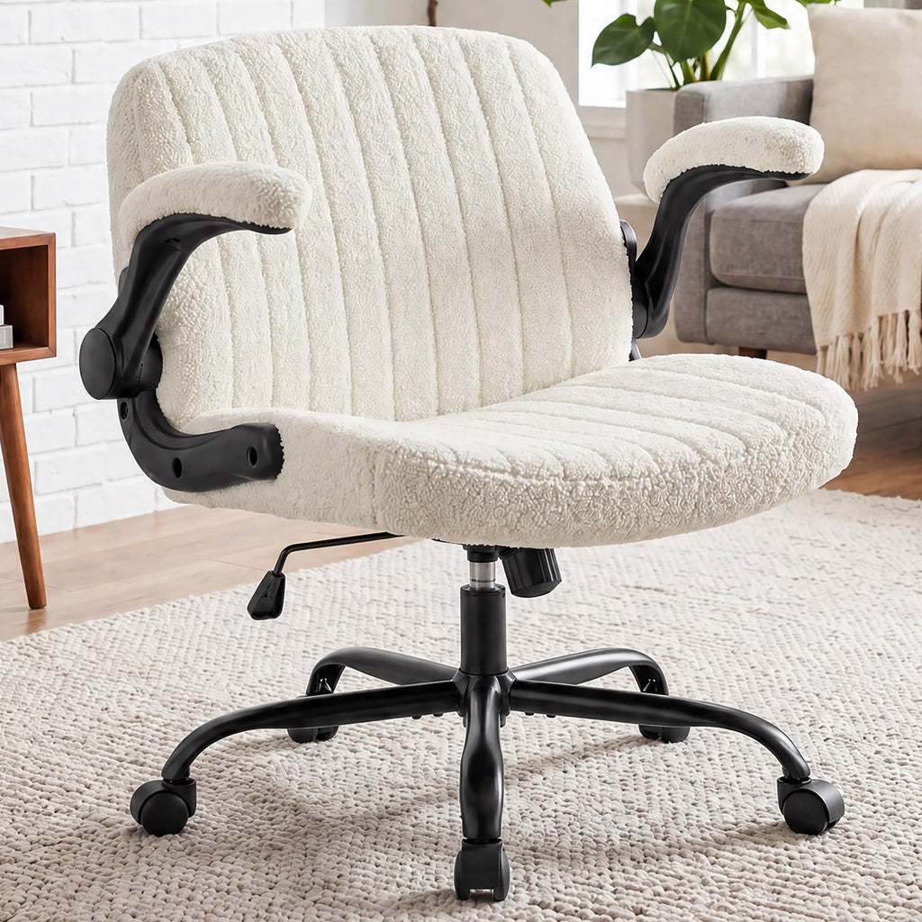 Criss Cross Home Office Chair with Wheels, Wide Cross Legged Desk Vanity Chair Comfy Fabric Flip-Up Armrests Adjustable Swivel Chairs for Home Computer Bedroom, Beige