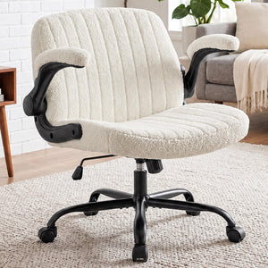 Criss Cross Home Office Chair with Wheels, Wide Cross Legged Desk Vanity Chair Comfy Fabric Flip-Up Armrests Adjustable Swivel Chairs for Home Computer Bedroom, Beige