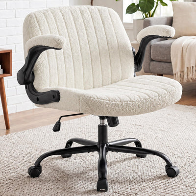 Criss Cross Home Office Chair with Wheels, Wide Cross Legged Desk Vanity Chair Comfy Fabric Flip-Up Armrests Adjustable Swivel Chairs for Home Computer Bedroom, Beige