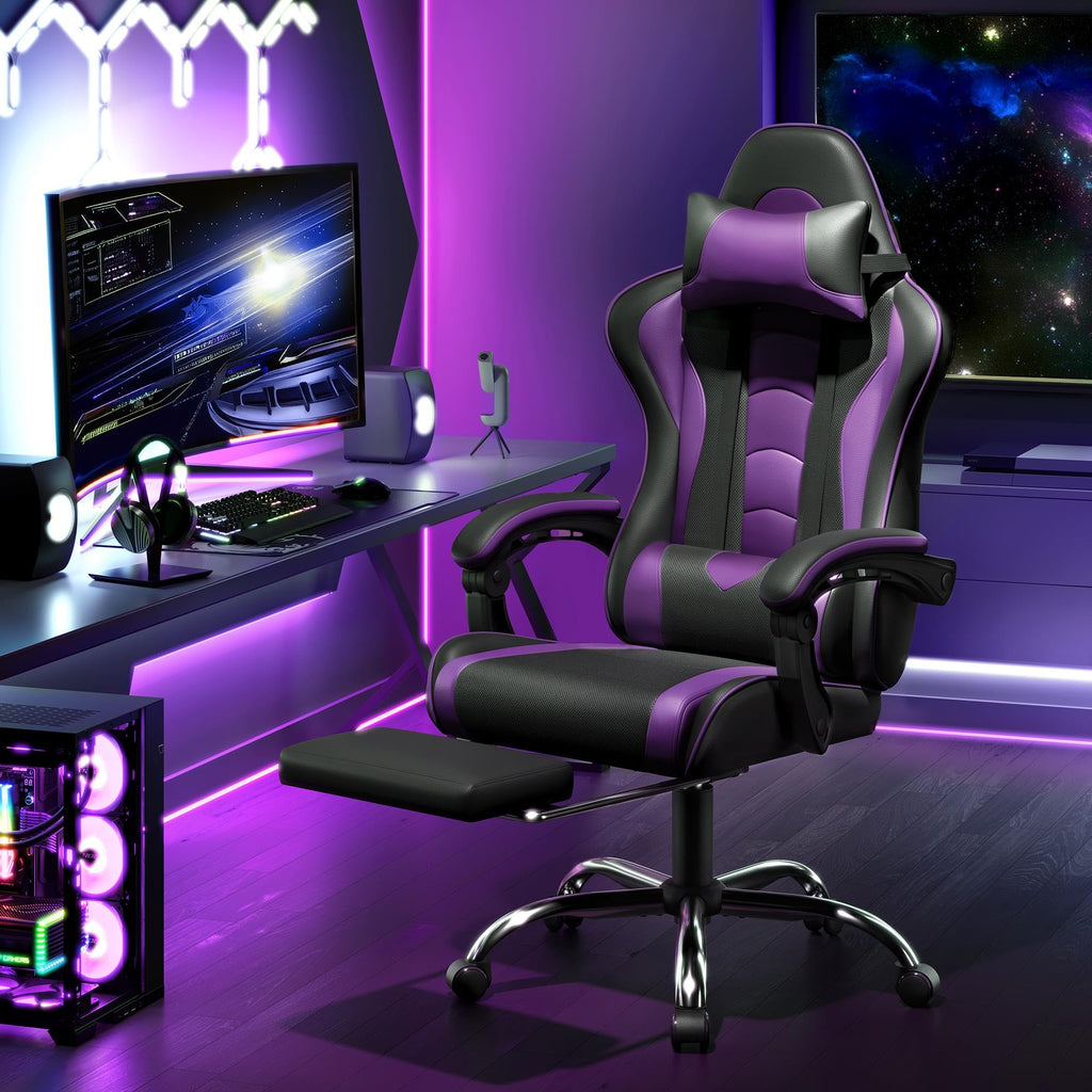 Gaming Chair, Video Game Chair with Massage Lumbar Support and Footrest Height Adjustable Ergonomic Computer Chair with Swivel Seat and Headrest Black/Purple