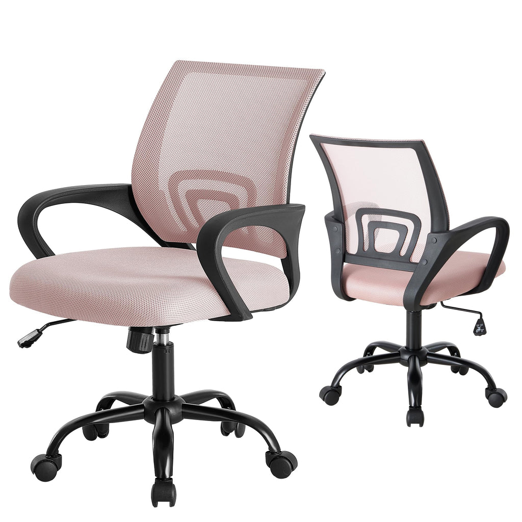 2 Pack, Office Desk Chair - Ergonomic Mid Back with Lumbar Support & Rocking Mode, Height Adjustable with Fixed Armrest, for Home, Computer, Gaming, Conference, Meeting Room, 360° Swivel, Pink,