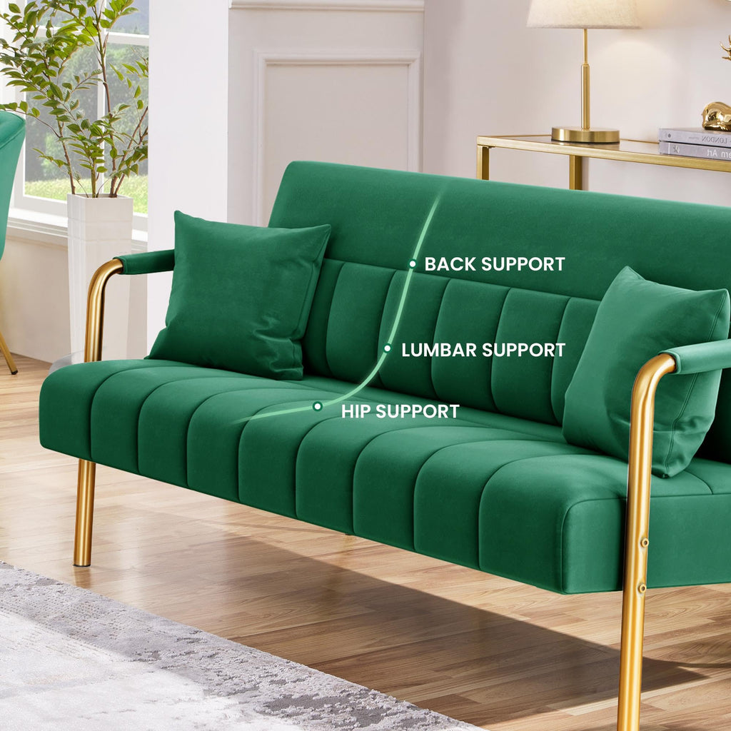56.5" W Modern Sofa Small Sofa Luxurious Velvet Fabric Couch with Gold-Tone Metal Arms and Legs for Living Room, Home Office, Studio Green