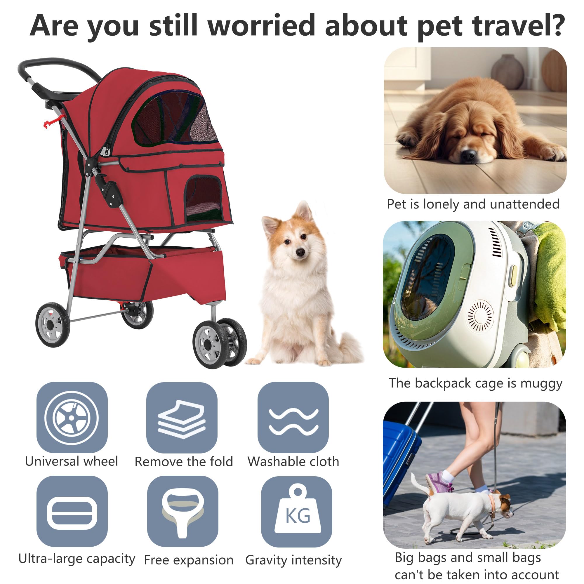 Pet Stroller 3-Wheel Durable Foldable Cat Dog Stroller with Washable Liner Storage Basket Cup Holder,Red