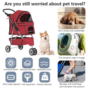 Pet Stroller 3-Wheel Durable Foldable Cat Dog Stroller with Washable Liner Storage Basket Cup Holder,Red