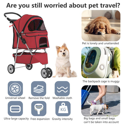 Pet Stroller 3-Wheel Durable Foldable Cat Dog Stroller with Washable Liner Storage Basket Cup Holder,Red