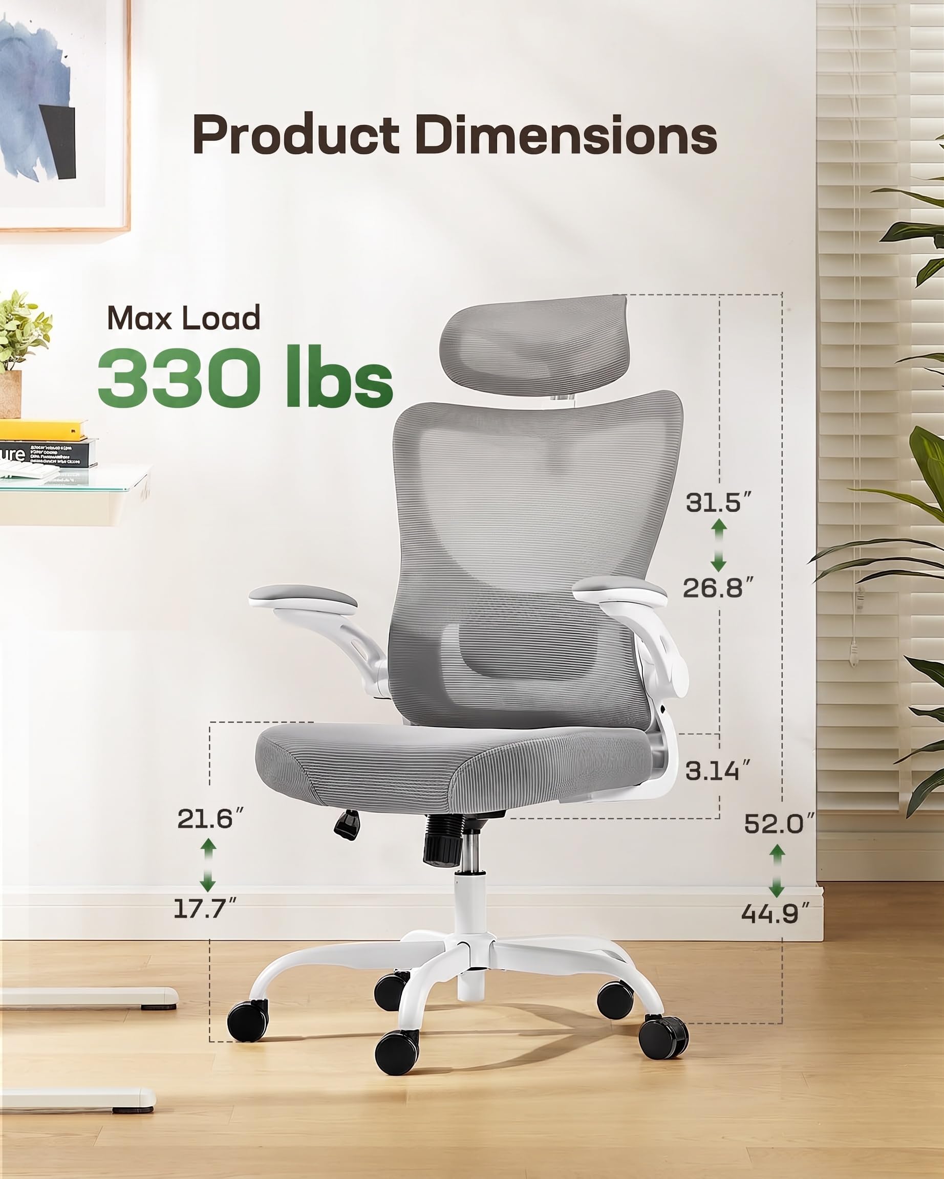Ergonomic Office Chair: Office Computer Desk Chair with High Back Mesh and Adjustable Lumbar Support Rolling Work Swivel Task Chairs with Wheel 3D Armrests and Headrest