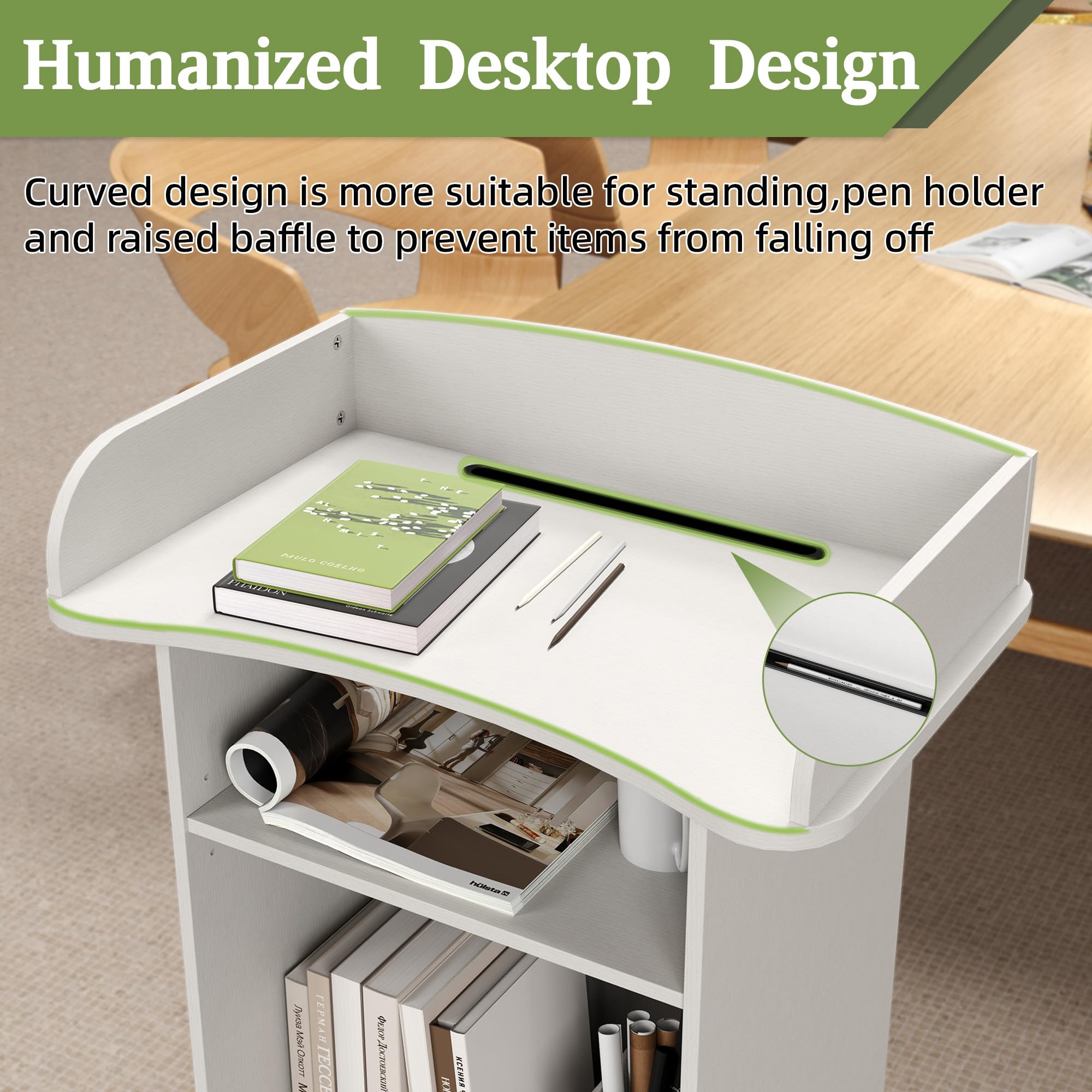 Podium Stand with Wheels Wooden Lectern Podium Stand Portable Pulpit Standing with Storage Mobile Reception Podiums Desk for Church Office School Conference Restaurant Meeting, White