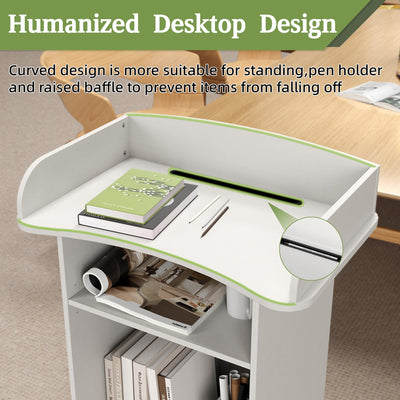 Podium Stand with Wheels Wooden Lectern Podium Stand Portable Pulpit Standing with Storage Mobile Reception Podiums Desk for Church Office School Conference Restaurant Meeting, White