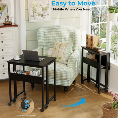 Folding Desk with Wheels, 31.5 Inch Compact Rolling Computer Table with Storage Shelf, Portable Mobile Workstation for Small Spaces, Easy Assembly, Black