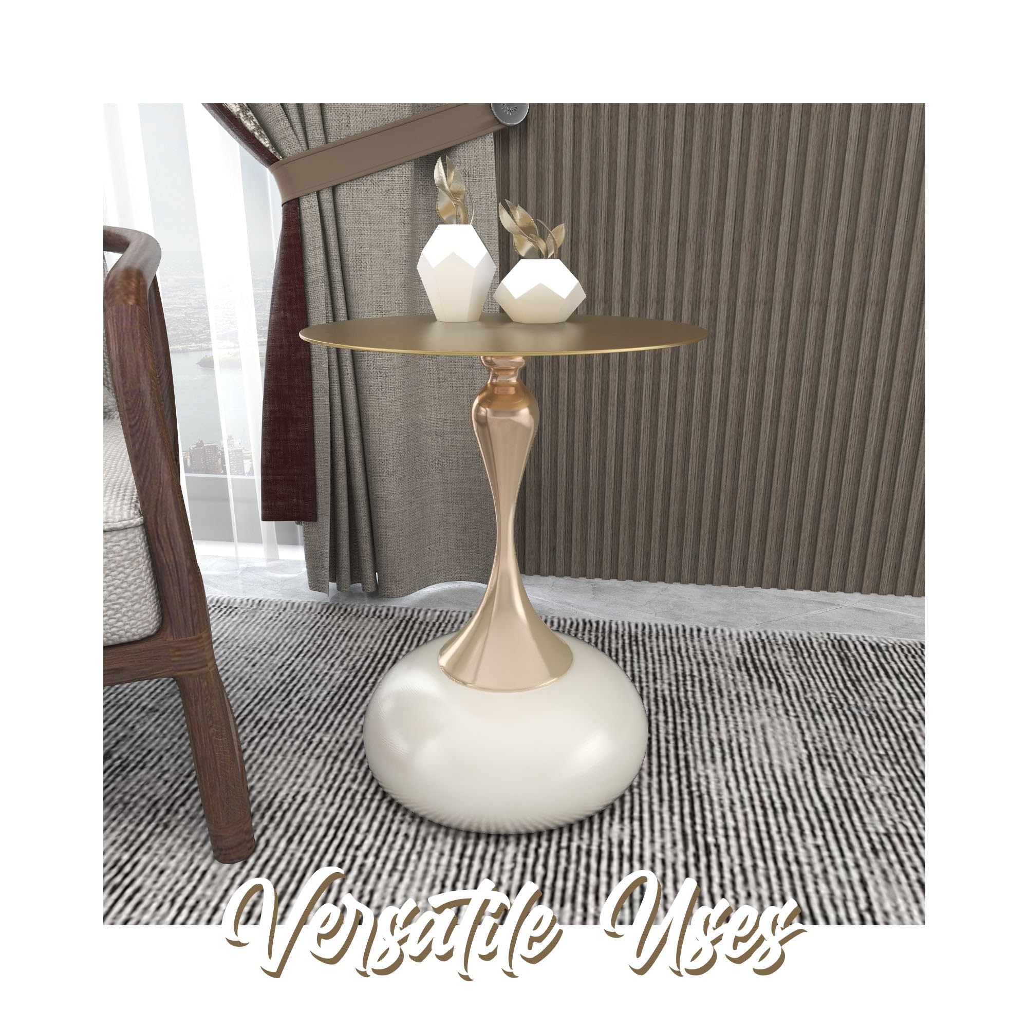 Modern Round Side Table with Gold Stainless Steel Top, Gold Pedestal Stem & Glossy Base, Accent End Table for Living Room, Bedroom, or Small Spaces, 17.7" × 21.6", White