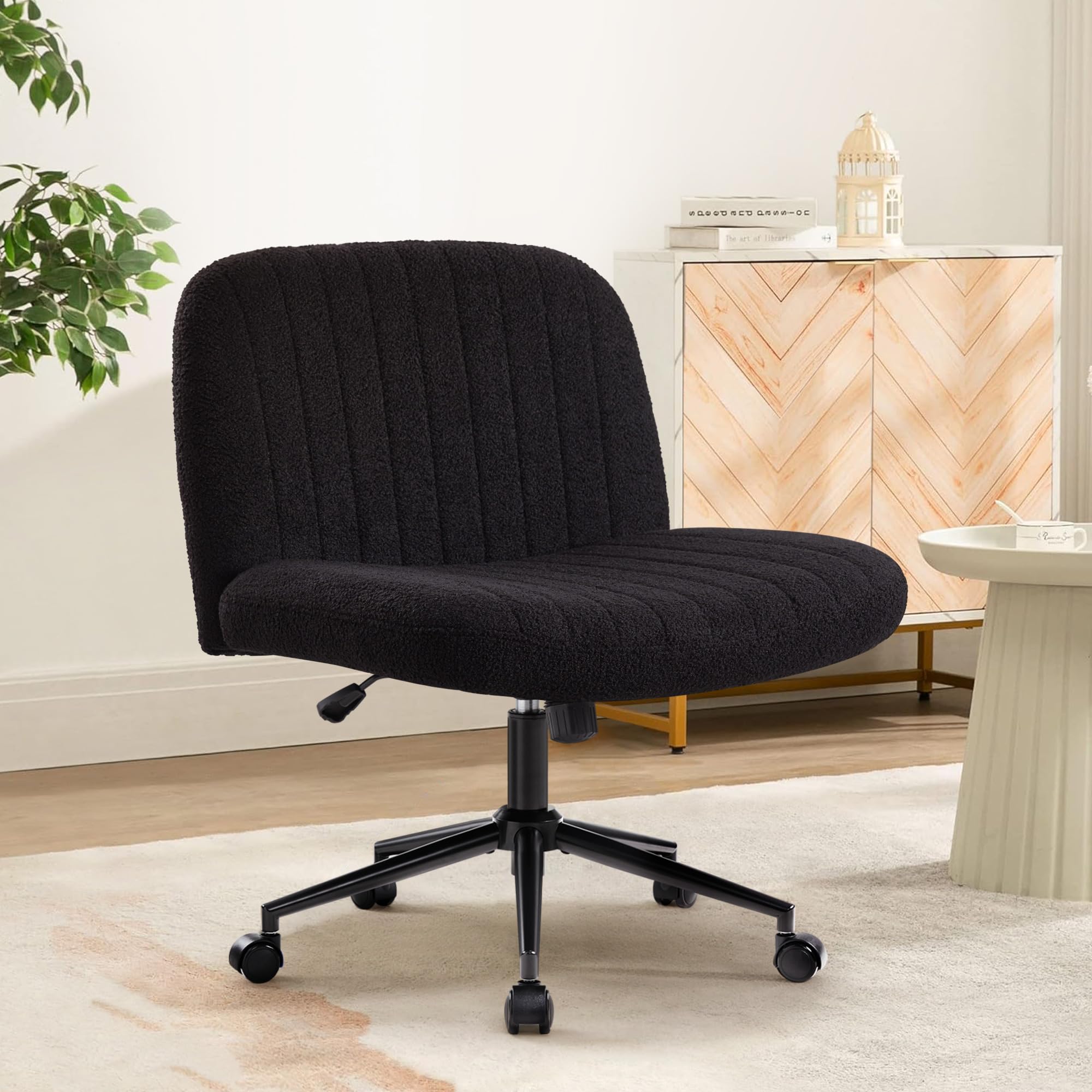 Criss Cross Chair Cross Legged Office Chair with Wheels Armless Wide Seat Desk Chairs Height Adjustable Computer Task Chairs Swivel Vanity Chair for Home Office Bedroom Make Up Teddy Fabric Black