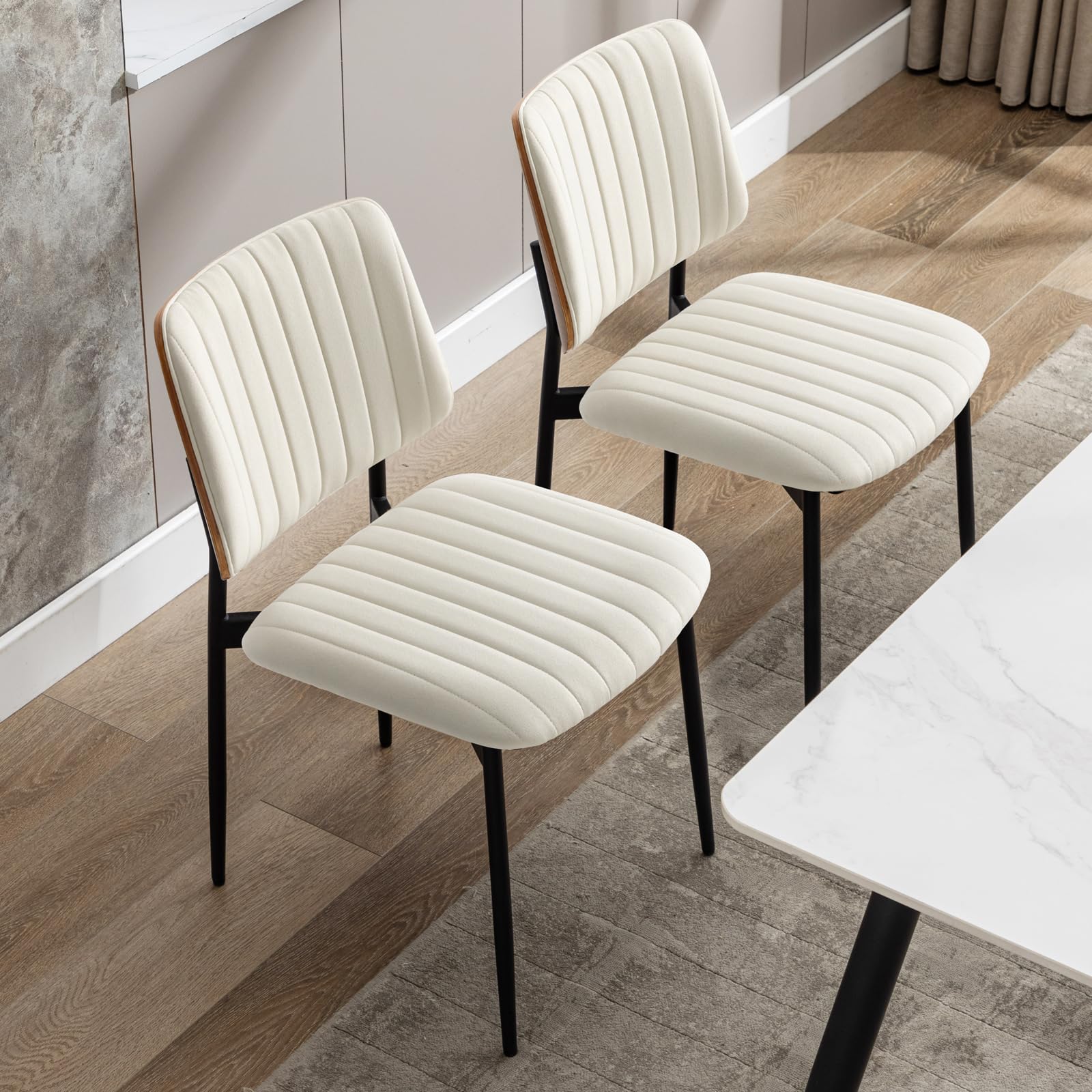 Fabric Dining Chairs Set of 4, Mid Century Modern Dining Chairs with Bentwood Backrest and Upholster Seat,Armless Kitchen Chairs with Metal Legs Adjustable Foot for Dining Room(Grey Bentwood)