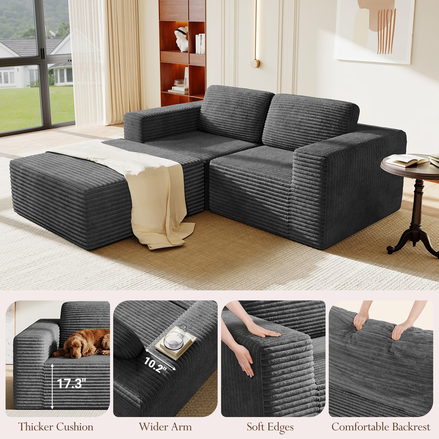 80" Modular Sectional Sofa, Corduroy Cloud Couch with Deep Seats & Spring Support, Compact 2 Seater Boneless Couch, L-Shaped Modular Sofa for Small Spaces, Apartments, No Assembly, Grey