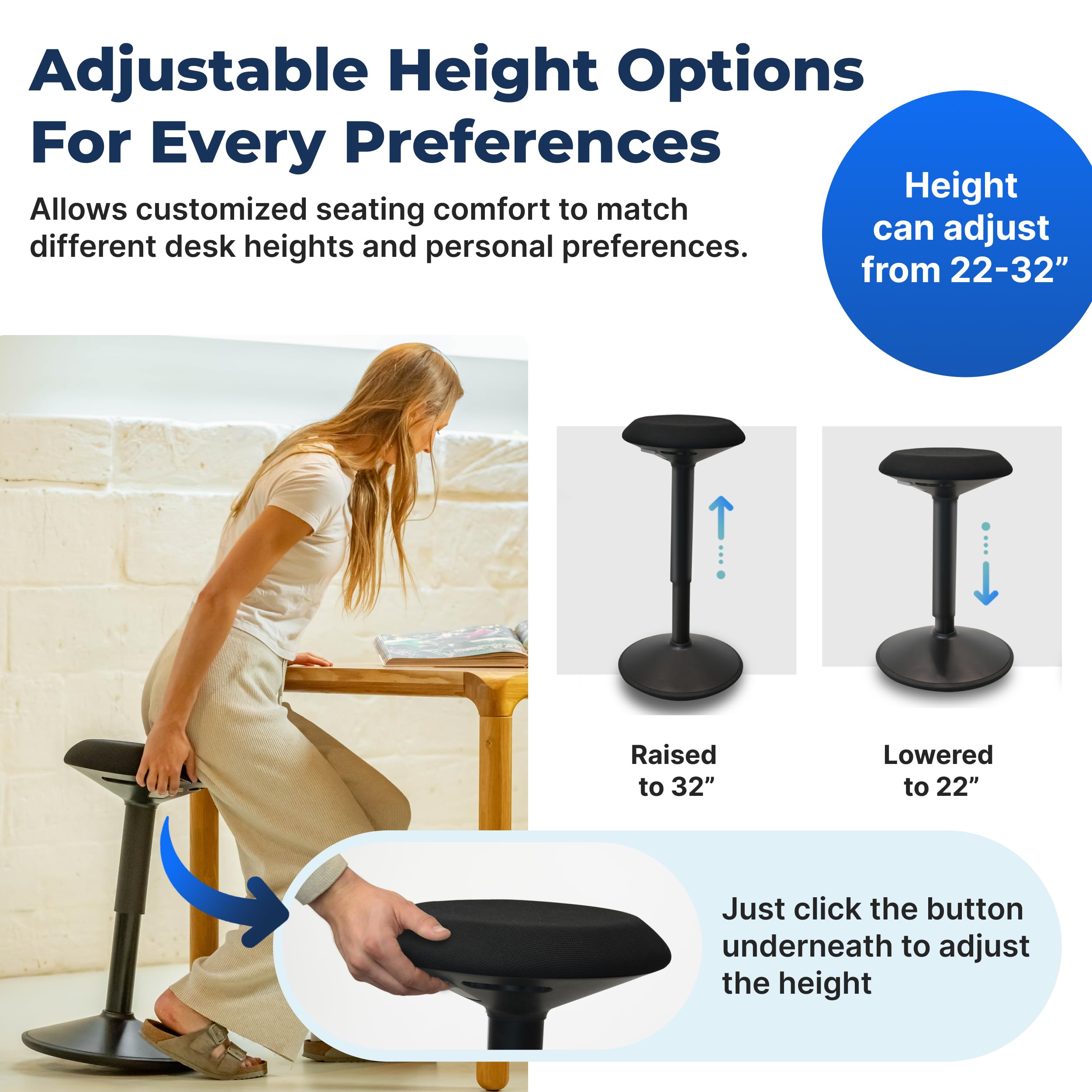 Standing Desk Stool Chair, Height Adjustable Stool 21-31 inch for Office and Classroom, Swivel Stool, Anti-Slip Bottom Ergonomic Wobble Stool with Rocking Motion, Black