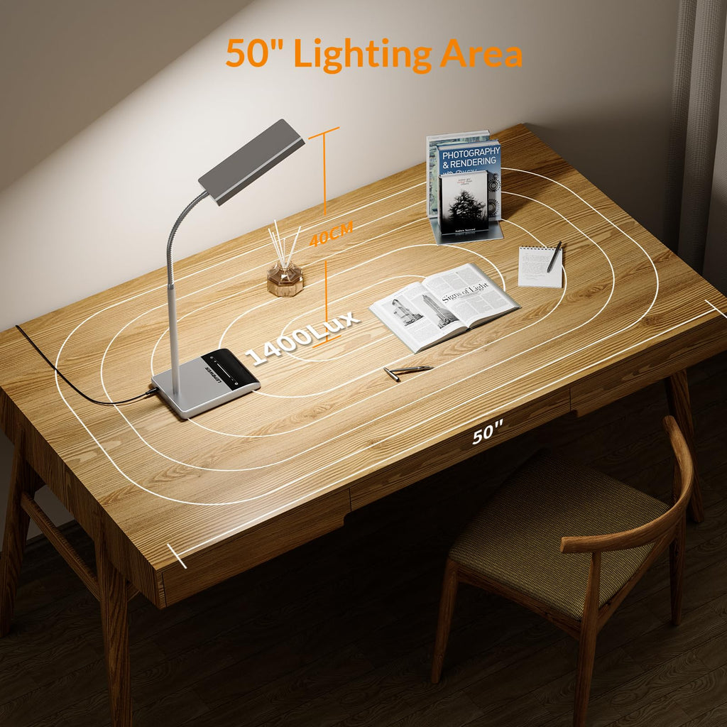 Desk Lamp, 800LM LED for Home Office, 12W Reading for Desk, Eye-Caring Light, Touch Table Gooseneck Lamp, 50 Lighting Modes, Bright for Bedroom, Study (Grey)