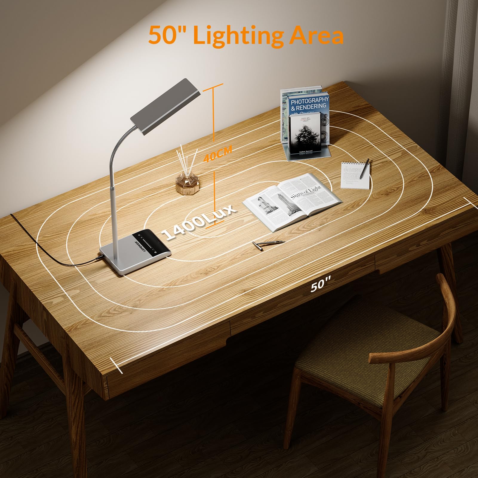 Desk Lamp, 800LM LED for Home Office, 12W Reading for Desk, Eye-Caring Light, Touch Table Gooseneck Lamp, 50 Lighting Modes, Bright for Bedroom, Study (Grey)