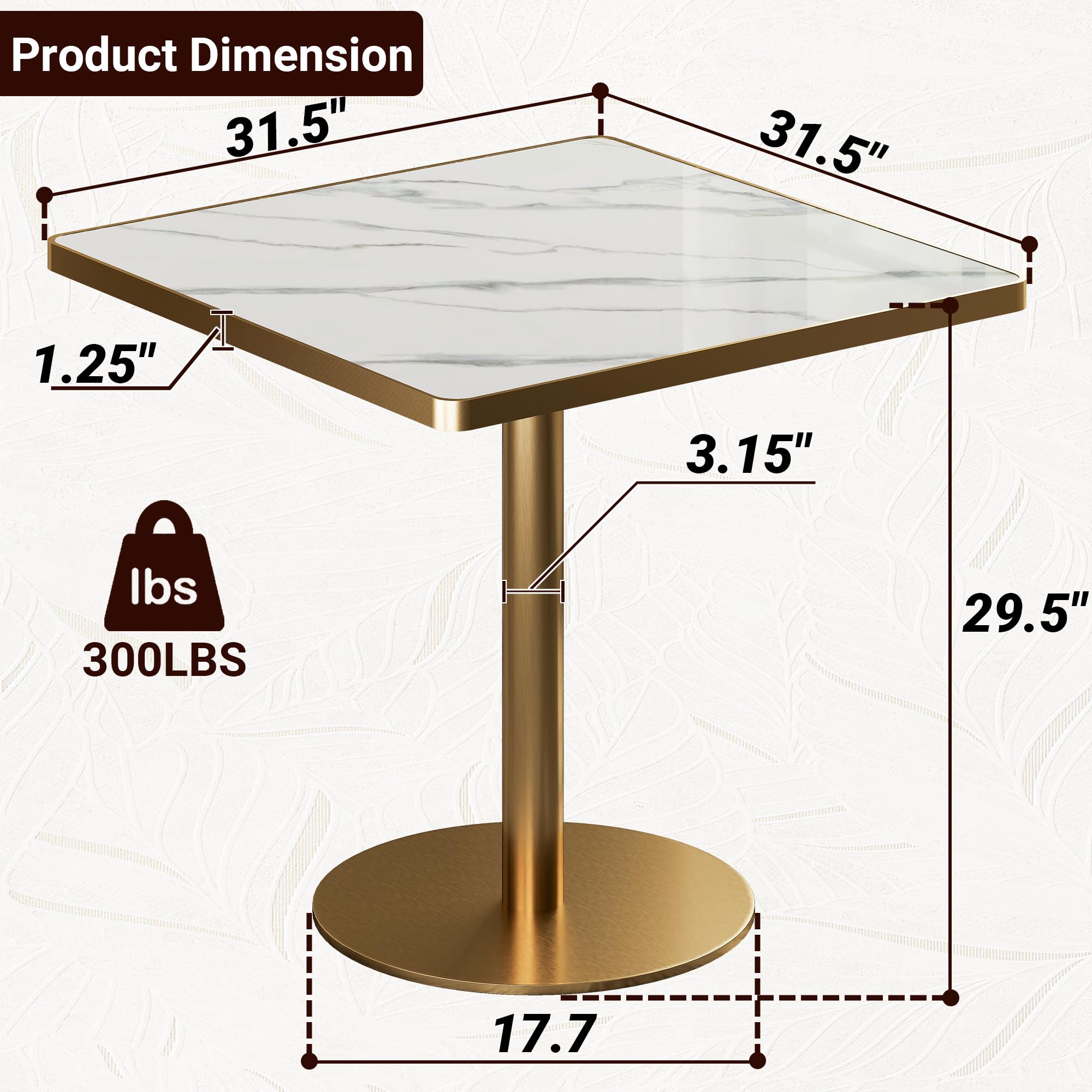 31.5" Tulip Table,Square Kitchen Dining Table for 2-4 with Thick Sintered Stone Top,Titanium Golden Pedestal Base,Heat-Resistant,Bistro Table for Dining Room,Café,Small Space（Flowing Traces）