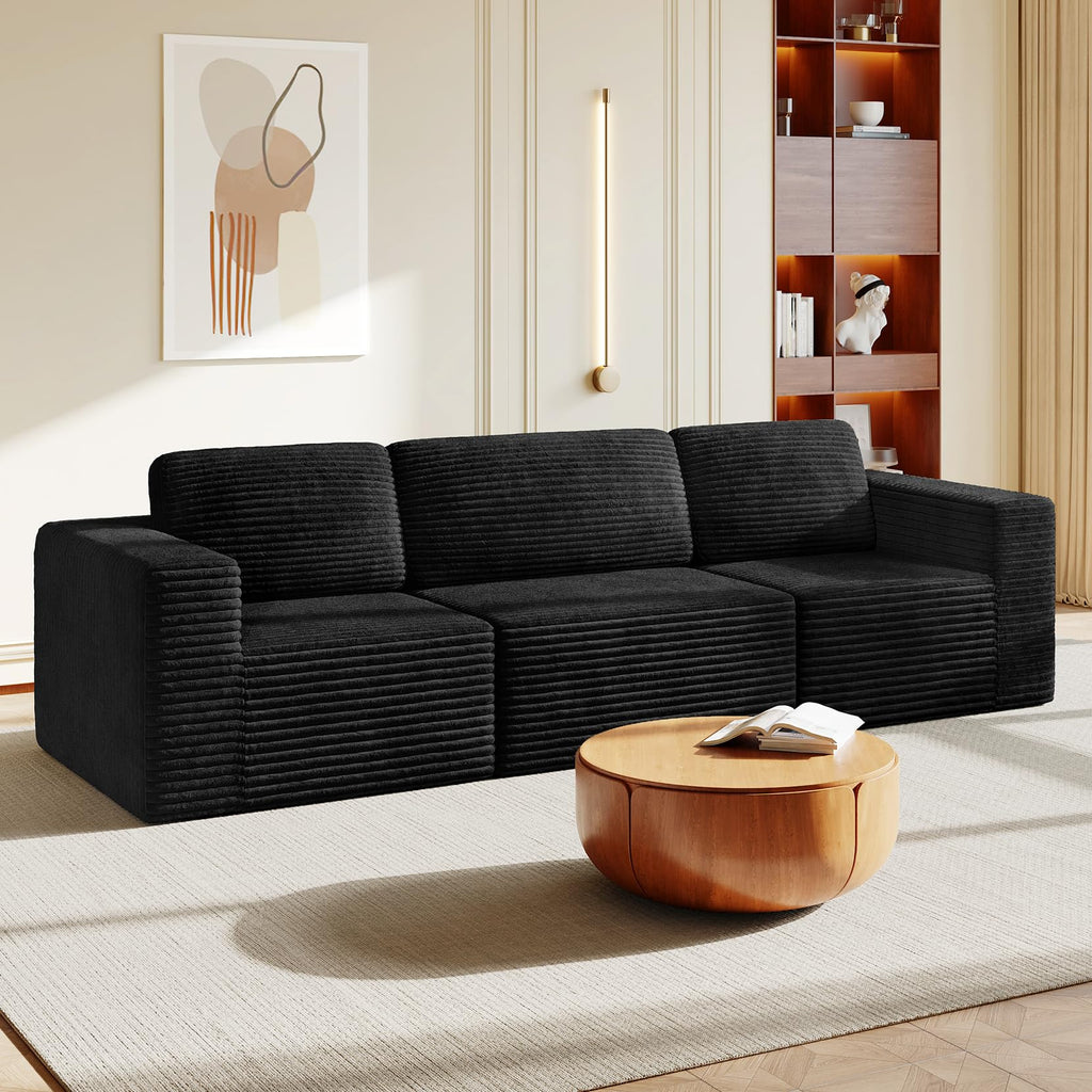 119" Modular Sectional Sofa, Corduroy Cloud Couch with Deep Seating & Spring Support, 3 Seater Flexible Layout Sofa, Boneless Couch for Living Room & Apartment, No Assembly Required, Black