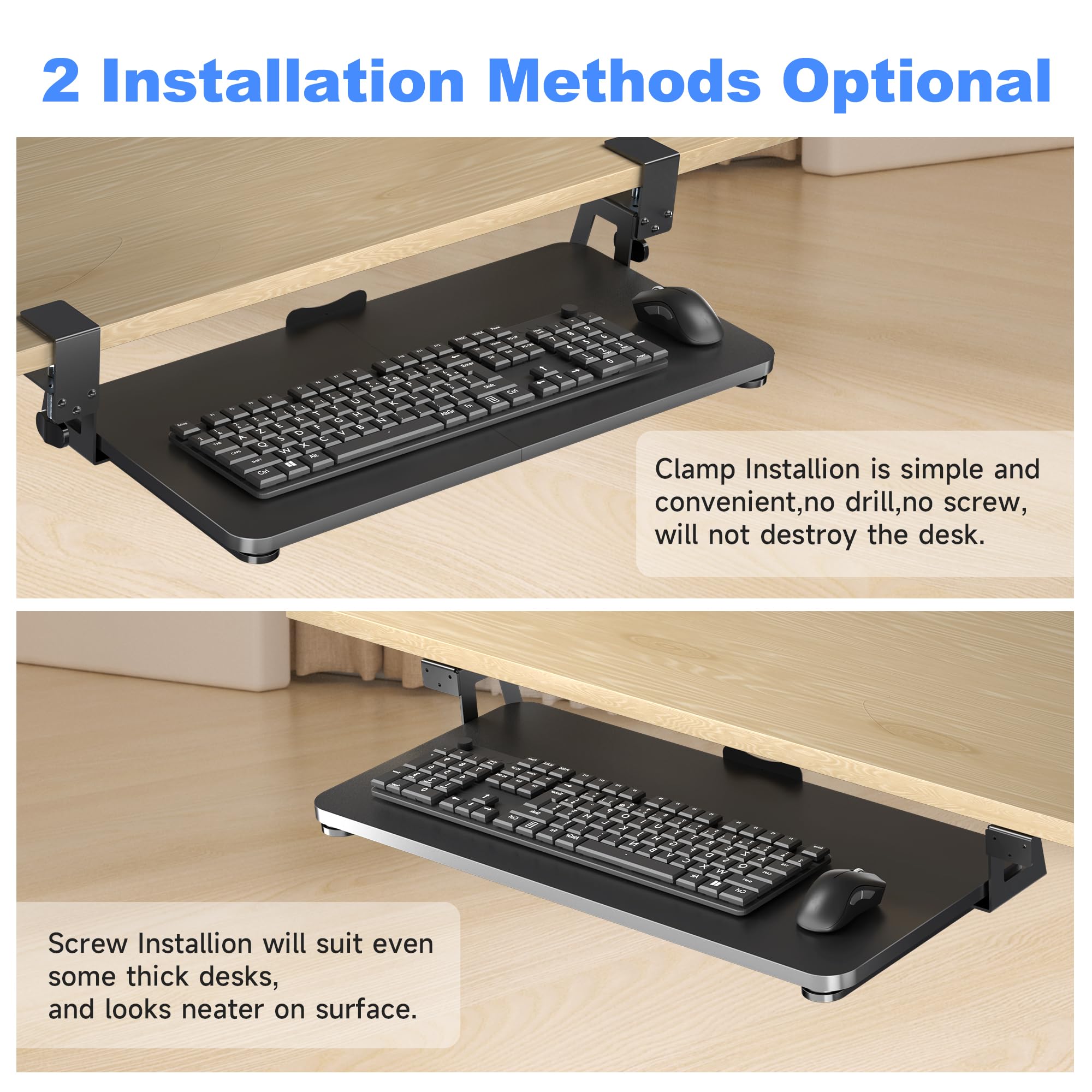 Keyboard Tray Under Desk Large C-Clamp 25.6” (30” Including Clamps) x 11.8” Slide-Out Platform Computer Drawer Pull Out Keyboard & Mouse Tray Black DSF4