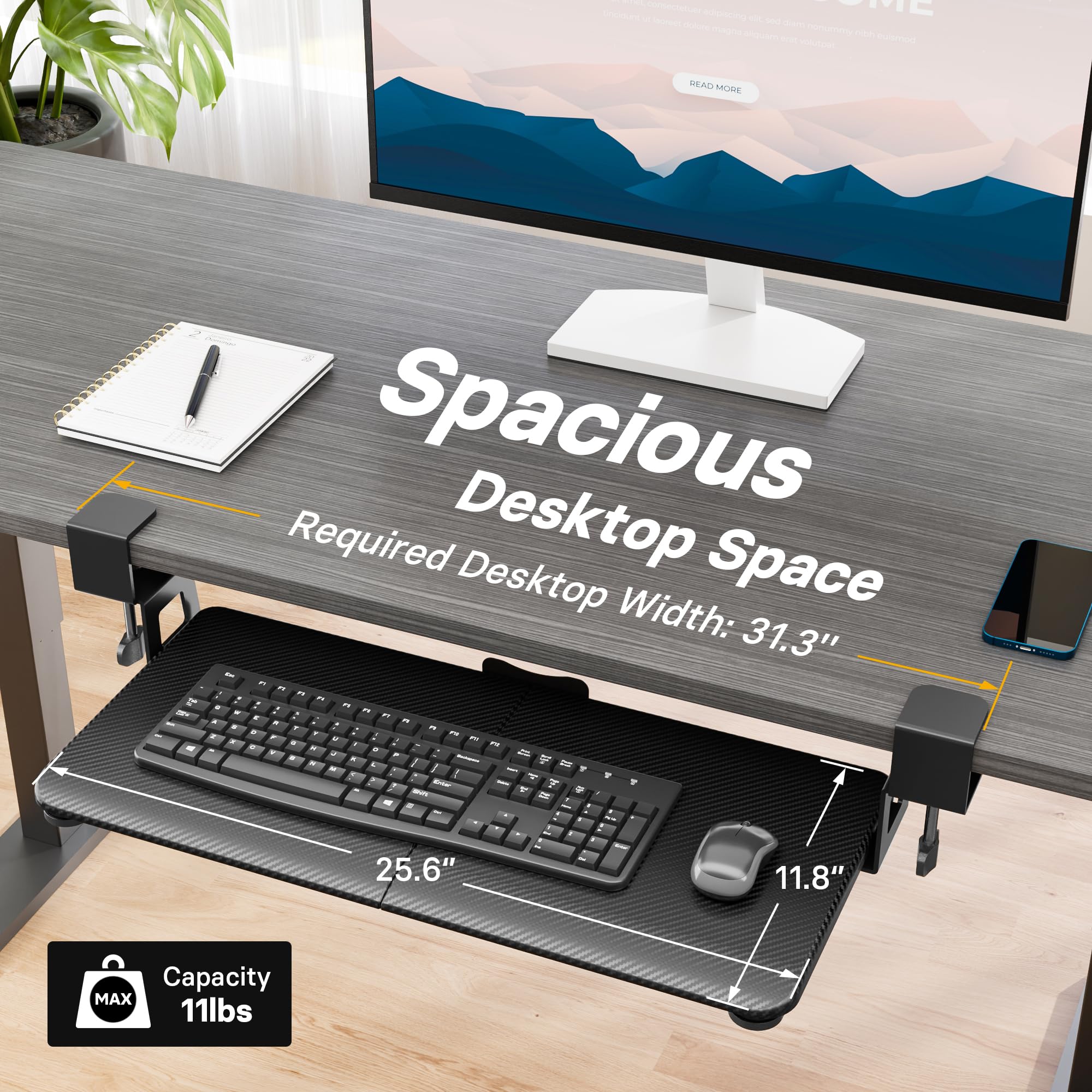 KMT01 Under Desk Keyboard Tray, Pull-Out Keyboard & Mouse Platform with C-Clamp, 25.6 x 11.8 in Space-Saving Ergonomic Slide-Out Drawer, Black Carbon Fiber