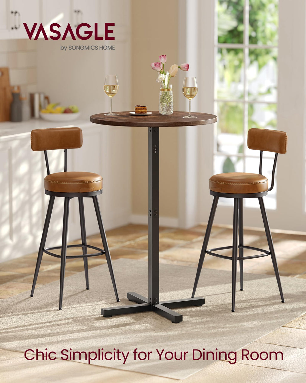 Round Cocktail Table, High Top Bar Pub Table with Metal Frame and Cross Base, for 2-3 People, Modern, Easy to Assemble, 23.6 x 41.1 Inches, Natural Walnut