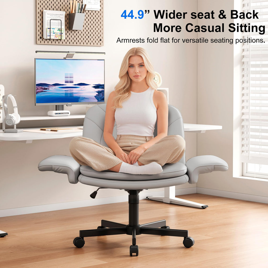 Criss Cross Chair with Armrests & Wheels for Cross-Legged Sitting, Comfortable PU Leather Vanity Chair, Office Desk Chairs with Adjustable Rocking Function, for Home, Bedroom Gray
