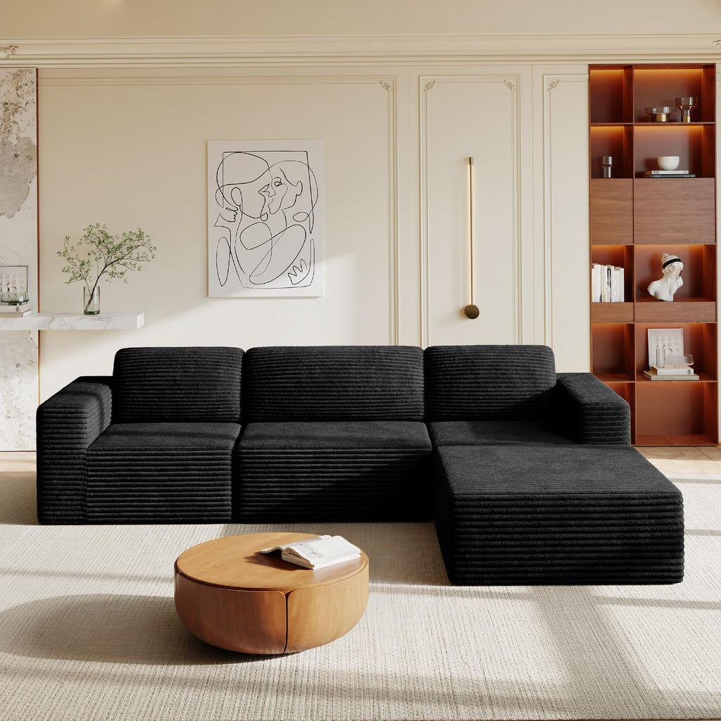 119" L-Shaped Modular Sectional Sofa, Corduroy Cloud Couch with Deep Seating & Spring Support, Flexible Layout Sofa with Ottoman, Boneless Style, No Assembly Required, Black