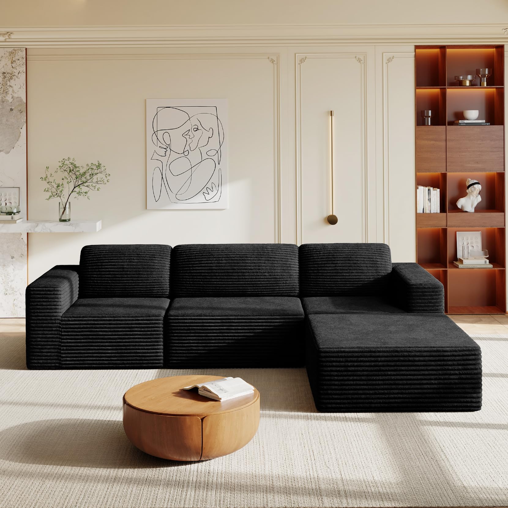 119" L-Shaped Modular Sectional Sofa, Corduroy Cloud Couch with Deep Seating & Spring Support, Flexible Layout Sofa with Ottoman, Boneless Style, No Assembly Required, Black