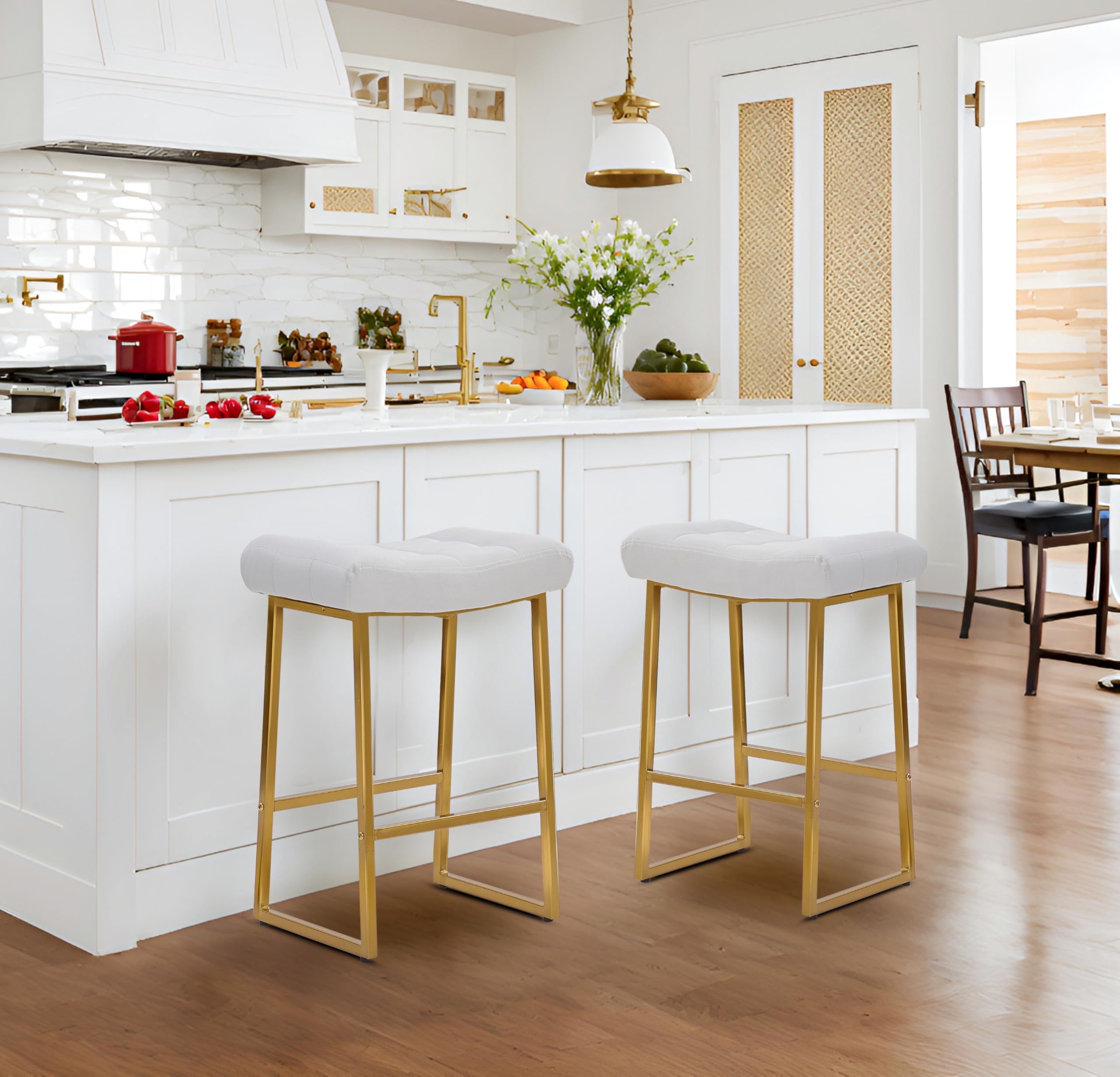 White & Gold Counter Height Bar Stools Set of 3 for Kitchen Counter Backless Kitchen Island Barstools with Upholstered Faux Leather Seat and Gold Base Modern 24 inch Bar Chairs No Back