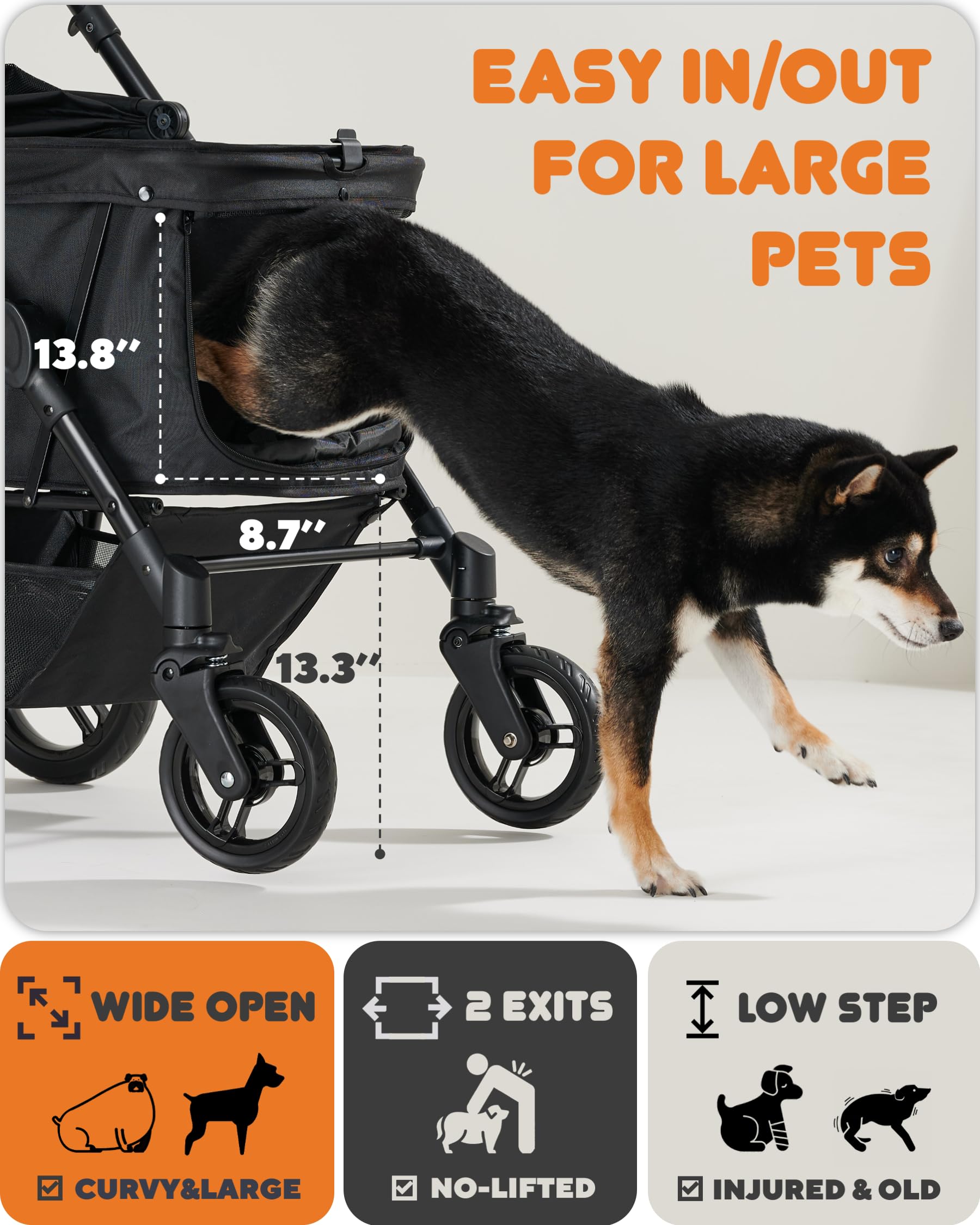Medium Dog Stroller for Large Dogs, pet Stroller for Medium Dogs Up to 66lbs, All-Terrain with Adjustable Handle & Canopy, Sun Shades, Storage Organizer, Waterproof Oxford Fiber