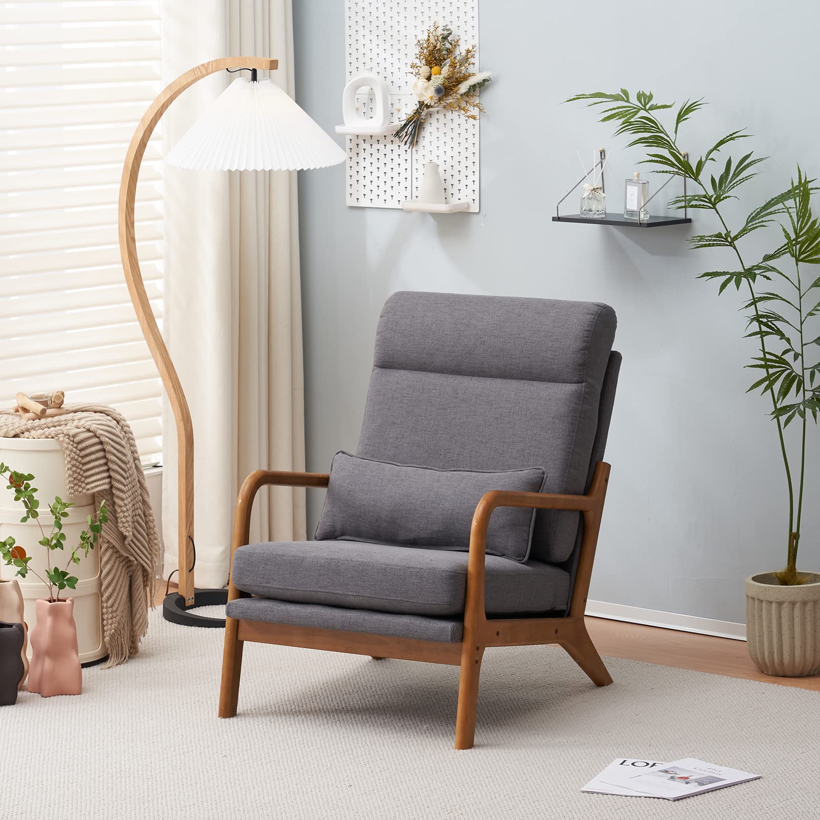 High Back Linen Dark Grey Mid Century Modern Accent Chair, Soild Wood Padding Lounge Armchairs Side Sitting Chairs for Living Room, Bedroom, Guest Room