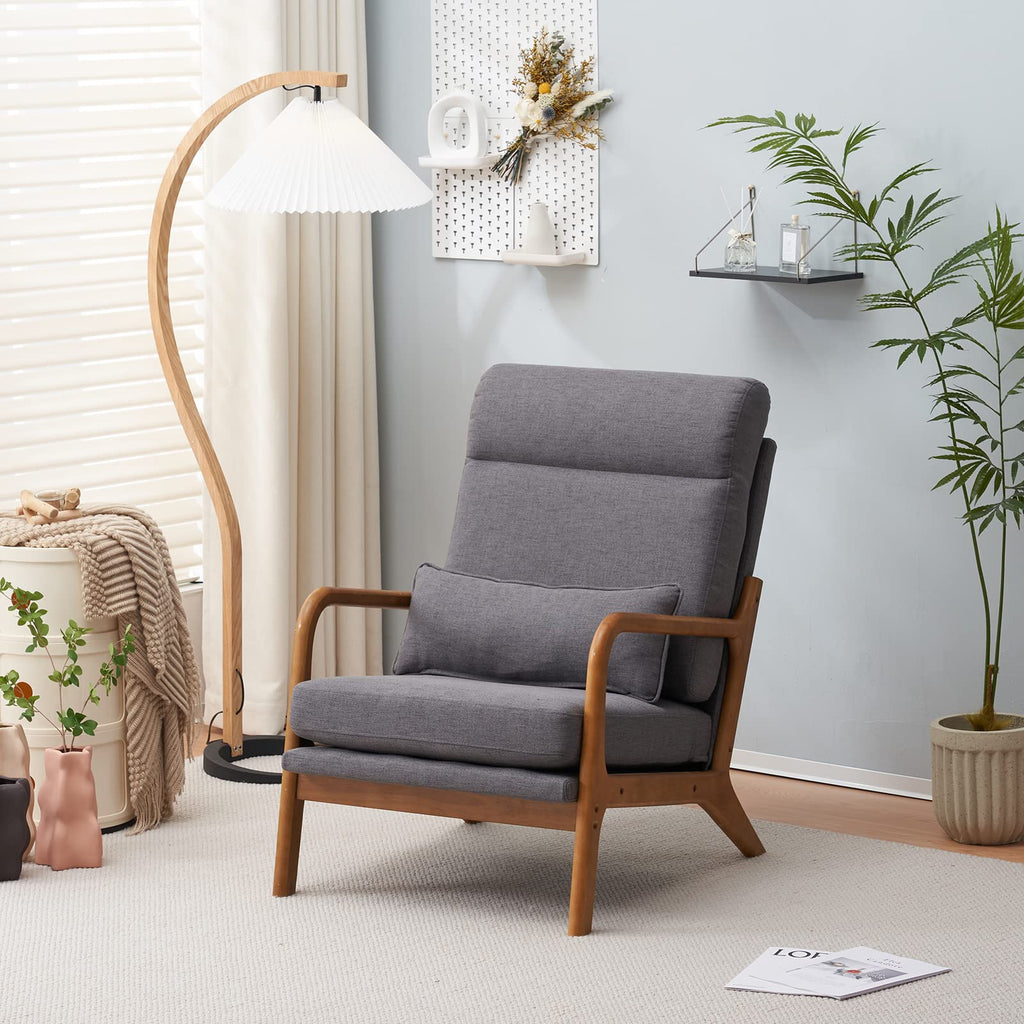 High Back Linen Dark Grey Mid Century Modern Accent Chair, Soild Wood Padding Lounge Armchairs Side Sitting Chairs for Living Room, Bedroom, Guest Room