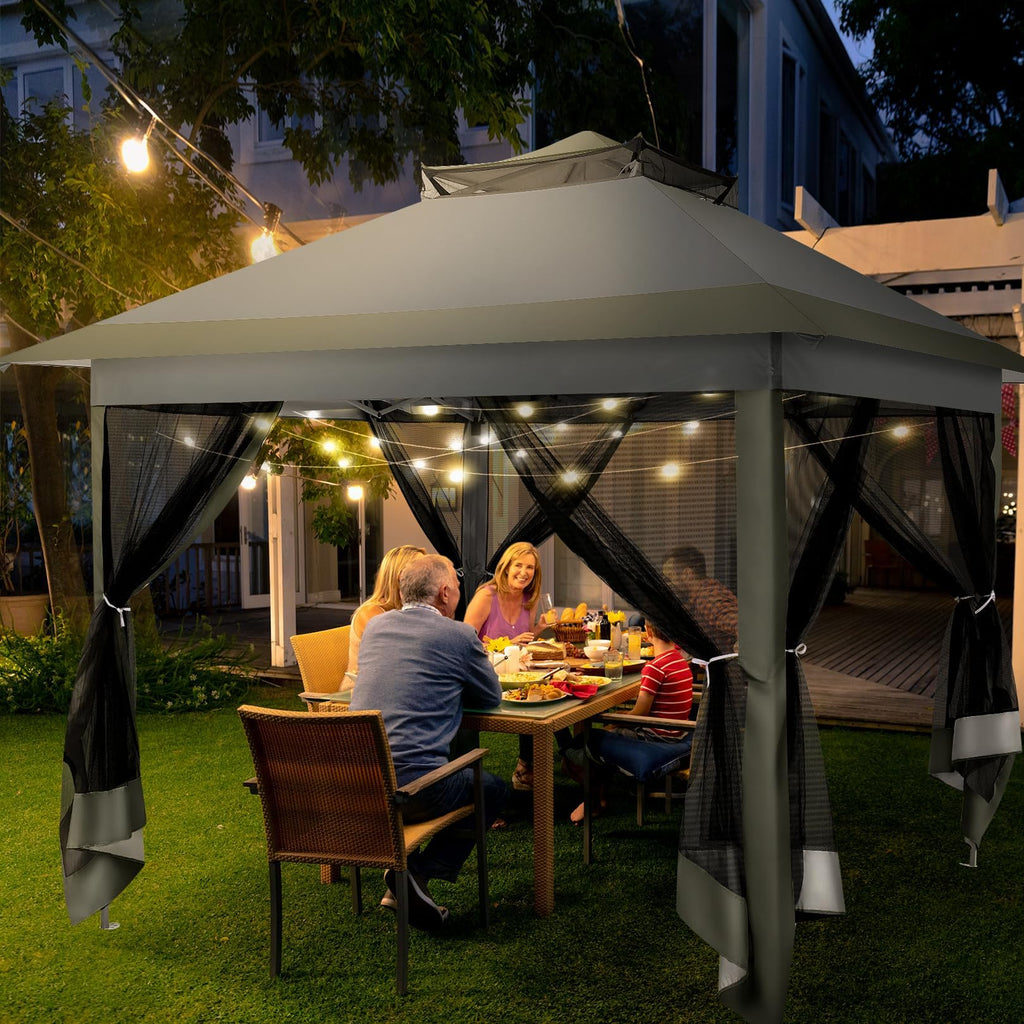 12x12 Pop Up Gazebos On Clearance - Upgrade Easy Up Metal Outdoor Gazebo Waterproof - Portable Gazebo with Mosquito Nettings, 4 Ropes 8 Stakes and Carry Bag for Patio Garden(Dark Gray)