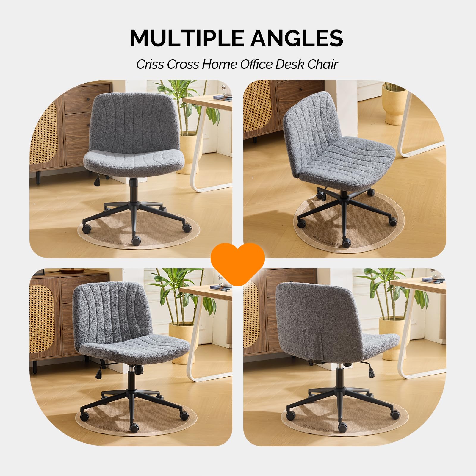 Criss Cross Legged Chair,Wide Comfy Office Desk Chair,Dual-Use with/no Wheels Computer Task Chair,Swivel Armless Vanity Boucle Chair for Study,Make Up,Home Office,Teddy Fleece,Dark Grey
