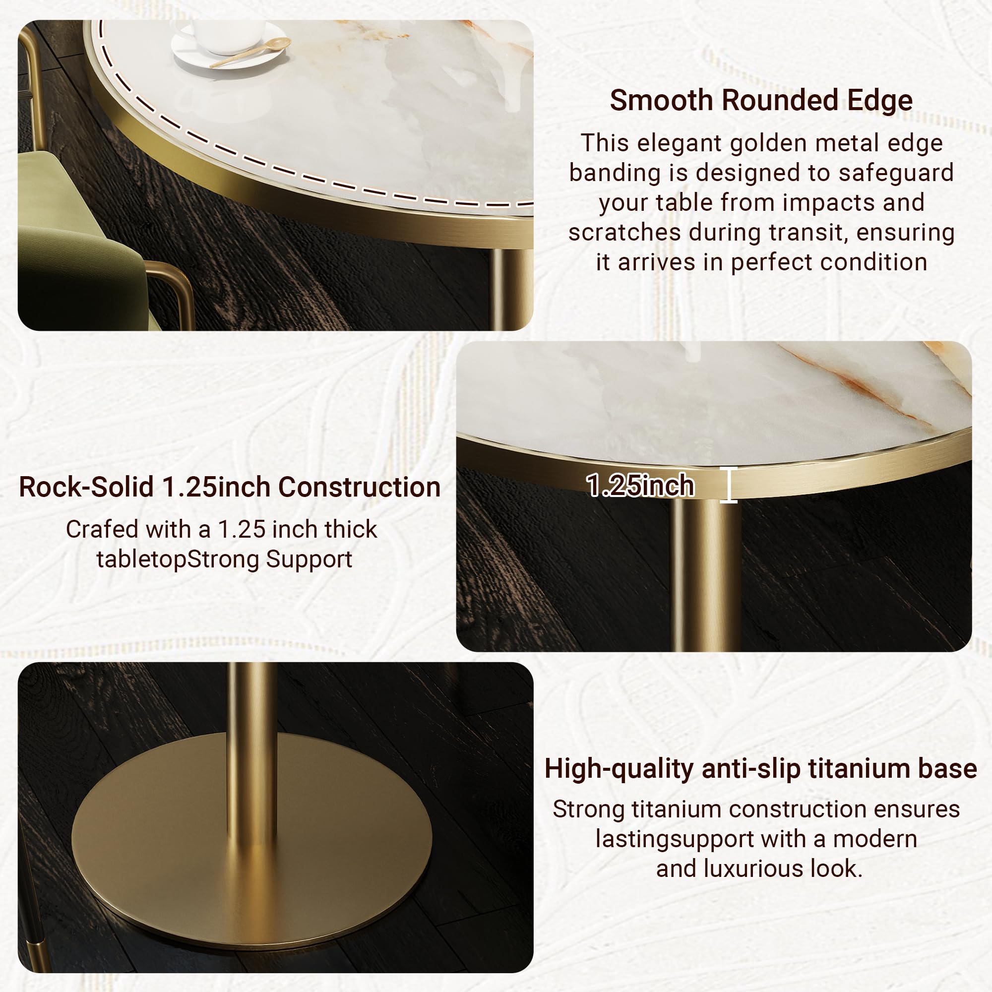31.5" Tulip Table,Round Kitchen Dining Table for 2-4 with Thick Sintered Stone Top,Titanium Golden Pedestal Base,Heat-Resistant,Bistro Table for Dining Room,Café,Small Space（Sunrise Strings）