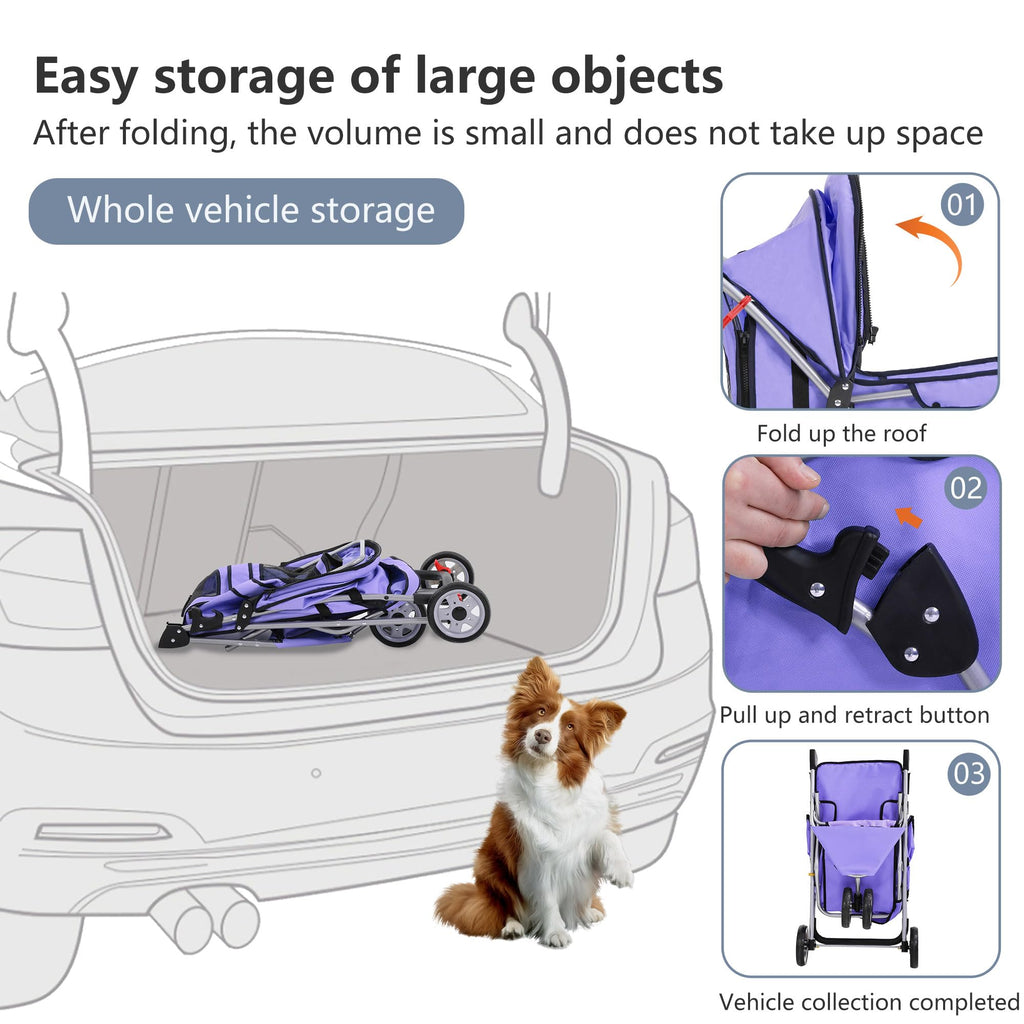 Pet Stroller 3-Wheel Durable Foldable Cat Dog Stroller with Washable Liner Storage Basket Cup Holder,Purple
