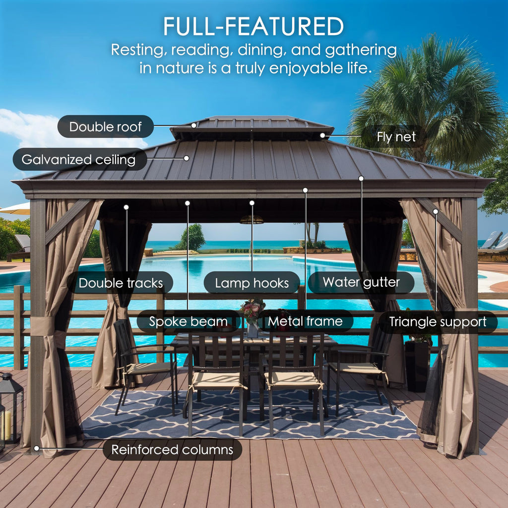12' x 18' Hardtop Gazebo, Aluminum Frame with Galvanized Steel Double Roof, Outdoor Permanent Pavilion with Curtains and Netting for Patio, Backyard, Deck, Lawn(Brown)