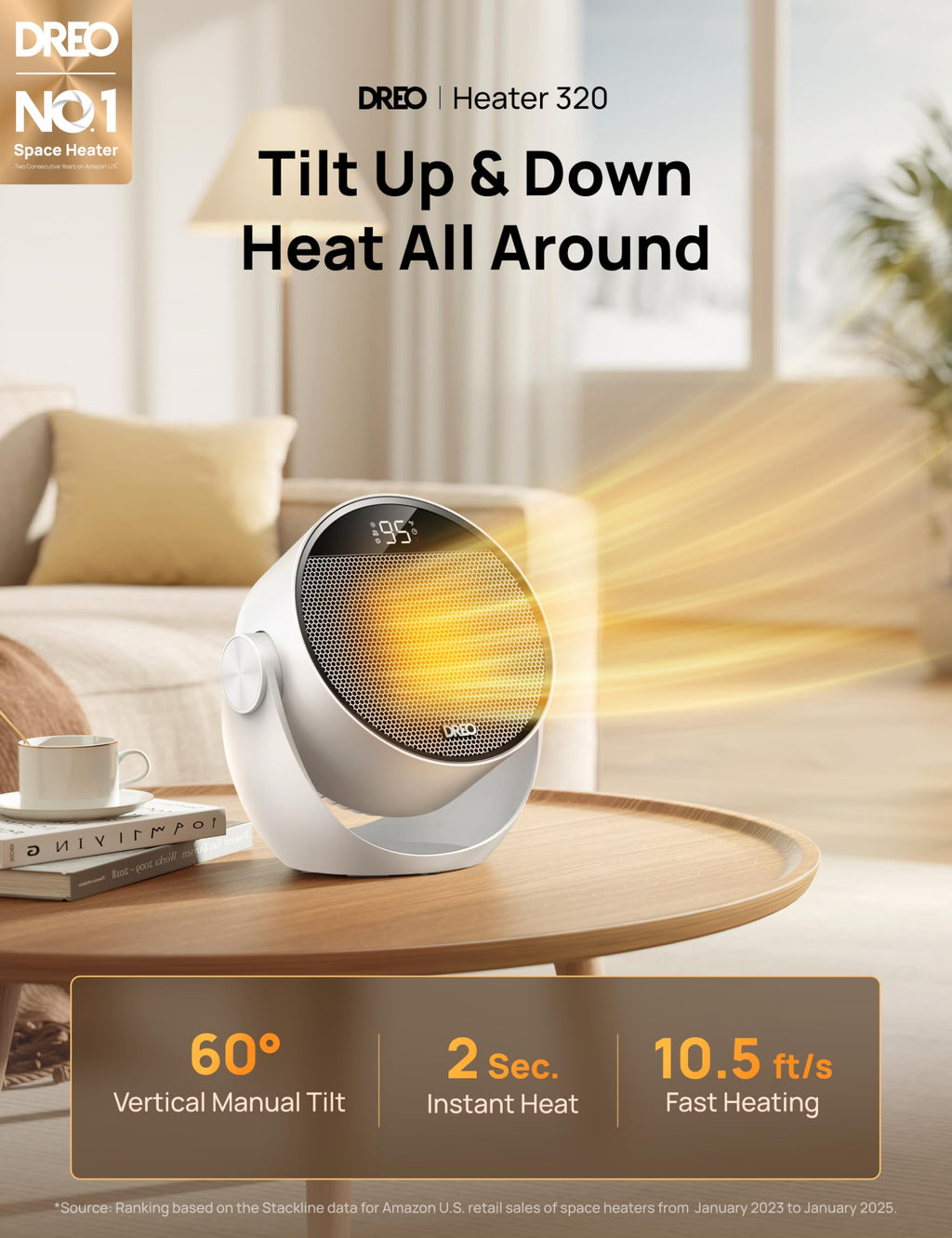 Space Heater 1500W, 60° Adjustable Tilt, 10.5ft/s Portable Electric Heaters for Indoor Use with Thermostat, 8 Safety Protections, 3 Modes, Remote, Quiet Desk Heater for Bedroom, Office, White