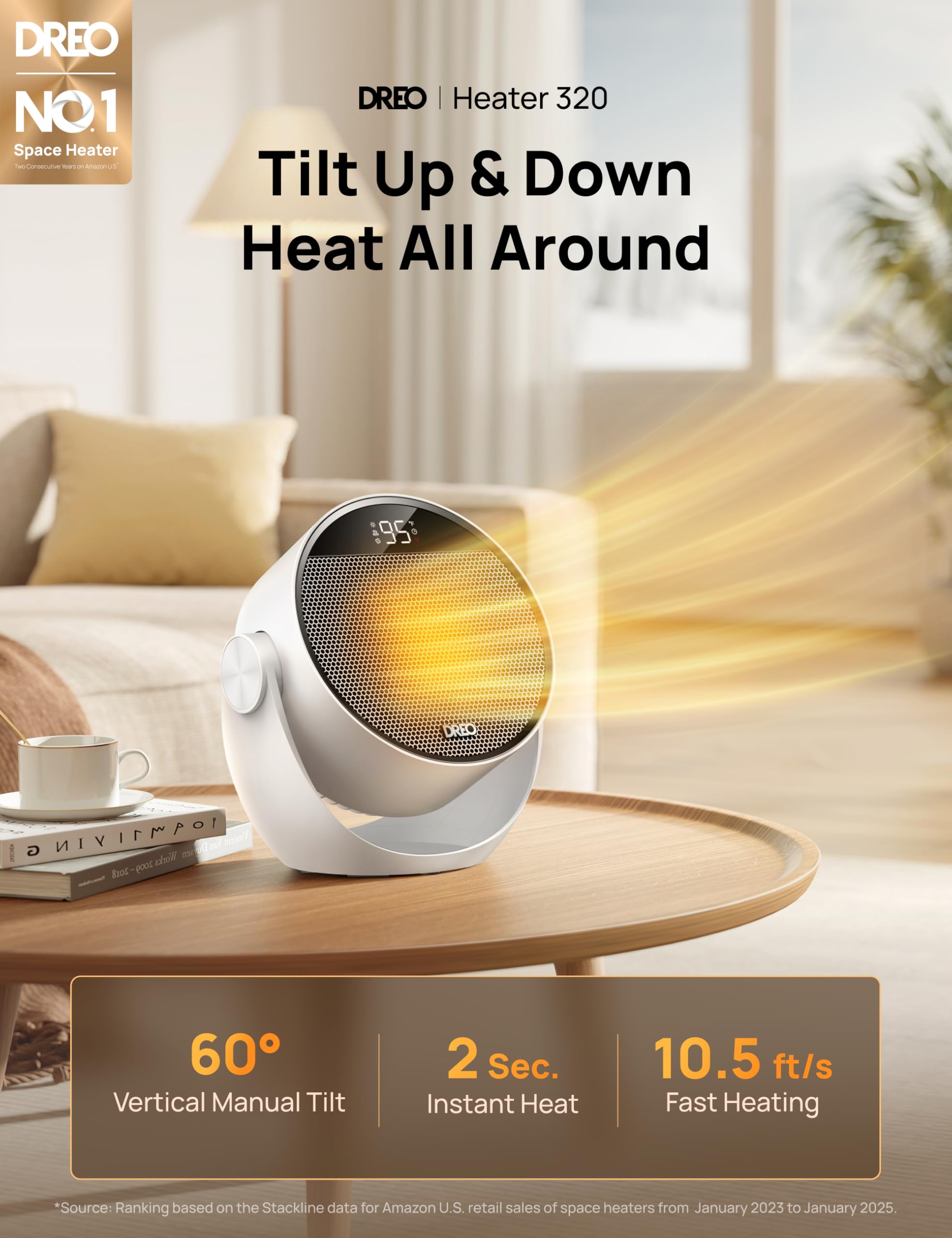 Space Heater 1500W, 60° Adjustable Tilt, 10.5ft/s Portable Electric Heaters for Indoor Use with Thermostat, 8 Safety Protections, 3 Modes, Remote, Quiet Desk Heater for Bedroom, Office, White