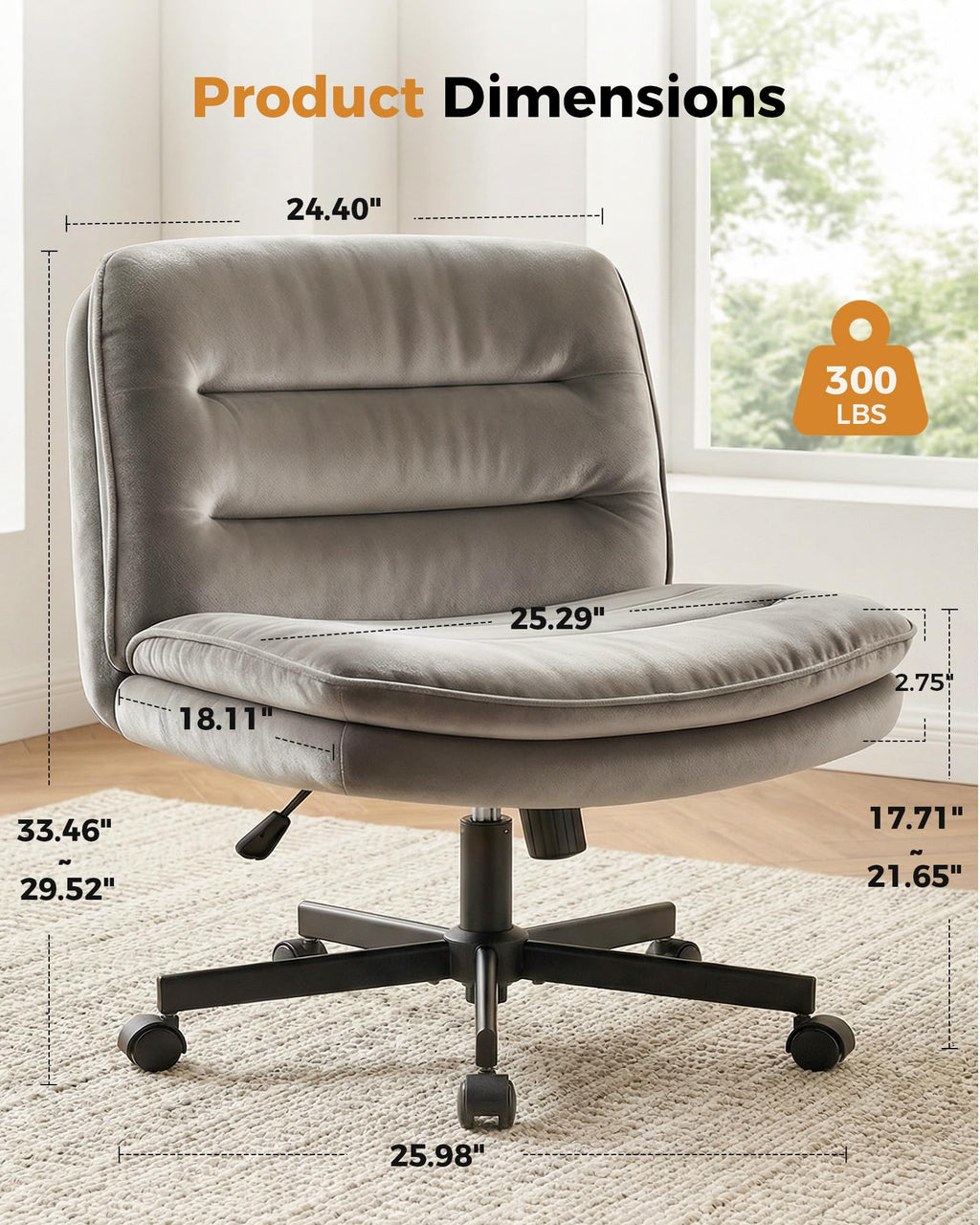 Criss Cross Office Chair with Wheels Armless Desk Chair Comfy, Modern Vanity Chair for Home Bedroom, Comfortable Wide Seat for Lower Back Pain Relief, Soft Velvet, Gray